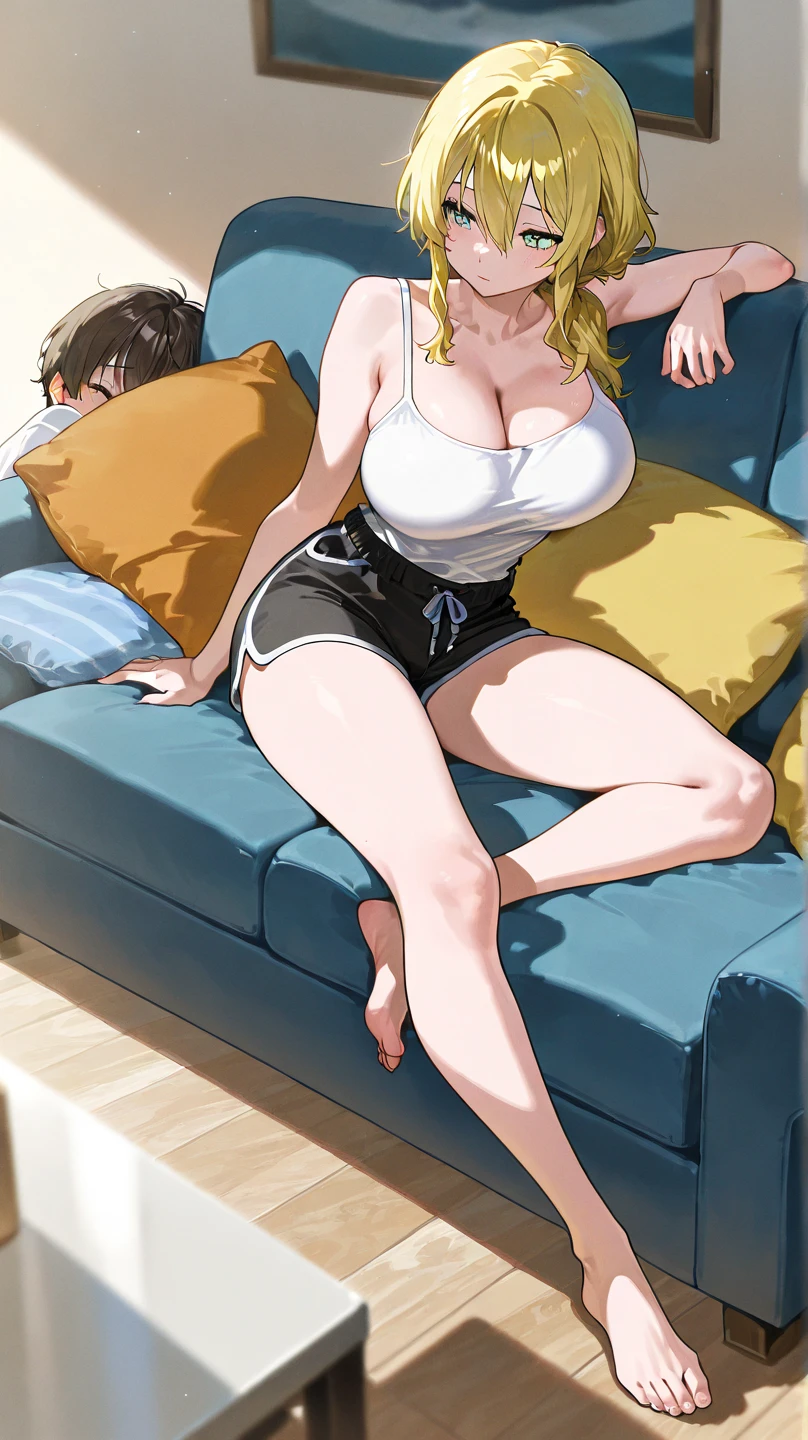((1 young son)), (1mom), (duo), sitting, A mom seducing her young son, European 40 year old milfs with their young son with blonde and brown hair, best quality:1.4), (ultra highres:1.2), (8k, RAW photo:1.2), laurenalexis, (1mom, 1son), the mom is showing off their curves, bending over seductively, wearing sexy outfits and short shorts, with their young son, clear eyes, a mom and her young son, ((french kiss))