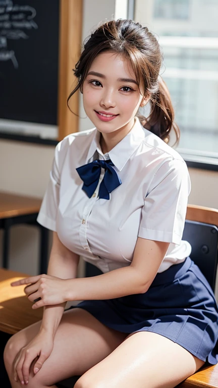 1 young girl, Crouched figure、cinematic light、shine a bright light on your face, smile、smile、bangs, short cut hairstyle、red ribbon、plump thighs、big breasts、Whip breast、(High School Uniform ,mini skirt:1.3), School, classroom, clear、(highest quality:1.0), (realistic:1.0), (8K, RAW photo:1.1), (8k非常にbecome familiar withなCGユニットの壁紙), (highest quality), (best illustrations), (best shadow), (become familiar with: 1.4), 3D, HDR (high dynamic range), ray tracing, NVIDIA RTX, super resolution, scattered below the surface, PBR texture, Post-processing, anisotropic filtering, Depth of written boundary, maximum sharpness and acutance, multilayer texture, Albedo and highlight mapping, surface shading, Accurate simulation of light-matter interactions, perfect proportions, octane rendering, 超realistic、Photographed with Canon EOS R5、50mm lens、f / 2.8
