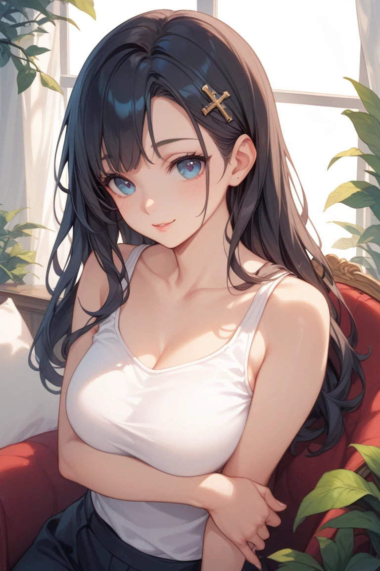 (8k、Best image quality、highest quality、masterpiece)、Detailed face、One girl、Black Hair、((blunt bangs))、Long Wavy Hair、Grey Eyes、smile、Earrings、((Very large breasts))、((white tank top))、belly button、((denim short shorts,))、wariza、On the bed、Shoot from above、Bedroom Background