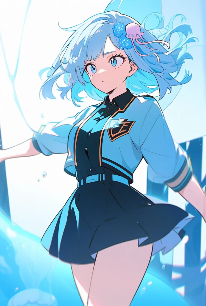 ((Masterpiece)), (Best Quality), (Detail), (1girl), Blue Hair, Blue Glowing Eyes, Upstyle, White Shirt, Black Skirt, Looking Down on the Viewer