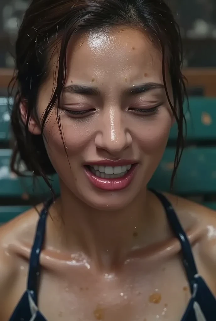 Beautiful Japanese Women,Taylor Hill,(photo Realistic:1.4), (hyper Realistic:1.4), (Realistic:1.3),Very detailed,Eyelashes High resolution eye depiction, Focus your eyes, Nose and mouth,Face Focus, Woman with open mouth and closed eyes, Completely naked、Age 35,Black-haired、Symmetrical face,Realistic nostrils、Elongated C-shaped nostrils,,、((Sweaty skin))、Lighting that accentuates sweaty skin、Sweaty, Shiny skin、((Glowing Skin))、((Wet and shiny 舌))、Attractive body,Beautiful breasts,((Life,floor))Beautiful breasts,((Tennis court,Tennis uniform,Sleeping in front of the tennis net,Sleeping surrounded by tennis balls)),((crazy, saliva, 舌 out, Ahegao, long 舌, ))