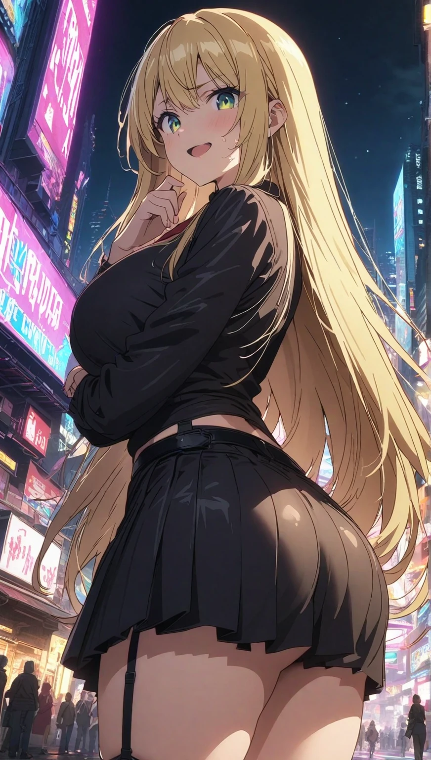masterpiece, best quality, Kaori Saeki, ponytail, hair tie, blue hoodie, tight black yoga pants, athletic curves, tight ass, large breasts, huge breasts, looking at viewer, city background, cowboy shot