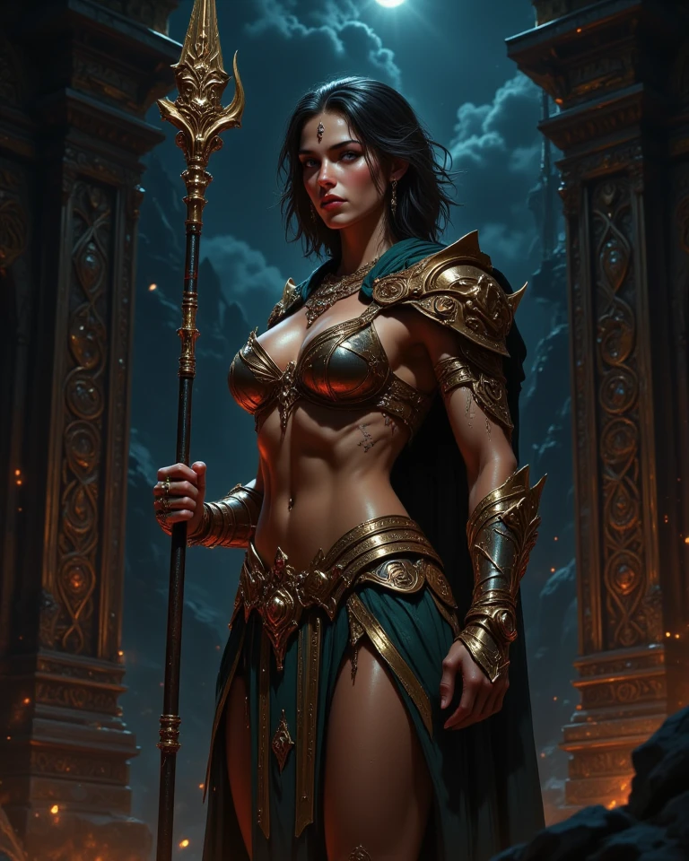 (best quality,ultra-detailed,realistic:1.37),(HDR,UHD,studio lighting),(portraits),(vivid colors),(warm color tones),(soft,moody lighting),(sharp focus),(bokeh),Kassandra,Assassin's Creed Universe,Kassandra's stunning face,Kassandra's piercing eyes,Kassandra's alluring gaze,Kassandra's seductive lips,Kassandra's flowing hair,Kassandra's confident and provocative smile,mysterious atmosphere,dark and gritty background,tattoos on Kassandra's body,ornate assassin gear,fierce and powerful stance,sparkling jewelry,dramatic lighting to accentuate facial features,subtle makeup,subtle hints of smoke or mist,nighttime setting,embers glowing in the background,subtle moonlight bathing the scene, muscular woman warrior 