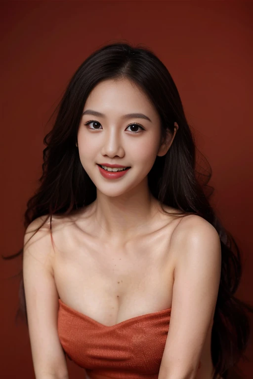 ((best quality, 8K, masterpiece: 1.3)), beautiful woman, pure, melon face, kind and cute, sweet smile, pure desire, slender body, (((Random body direction))), (tilted head), ((looking at camera)), pure desire, wearing a random color short dress, black silky long hair, long flowing shoulders, round black big eyes, clear big eyes, moist red lips, sweet, sitting in a lounge, Decorated with brightly colored flowers cafe background, 28 years old, ((chest to head shot)),