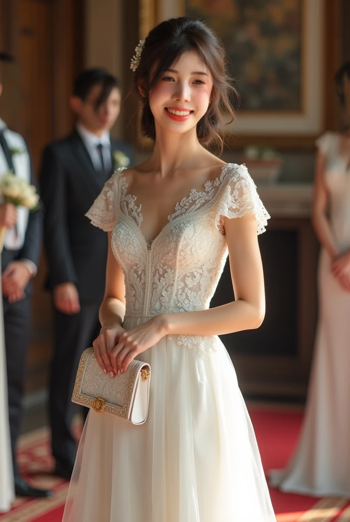 (highest quality:1.5)、(Realistic:1.5)、(1 person:1.5)、(Take a full-body photo:1.5)、Very detailed、High resolution、8k wallpaper、、Normal milk、Natural color lips、Cute Smile、Japanese women、20-year-old girl、Beautiful and elegant face、Perfect and beautiful face、Large, balanced eyes、Brunette's eyes、Beautiful and elegant face、Beautiful double eyelids、Natural Bangs、Beautiful thin nose、Beautiful Skin、Fair skin、(Medium Bob Hair)、Natural Bangs、Perfect and beautiful face、Slim face and figure、(Looking at the camera with a sweet smile)、Bright lighting、Professional Lighting、Forward lighting、Wedding dress、tiara、(白いオフショルダーのマーメイドラインのWedding dressを着て)、Wedding ceremony in a church with beautiful stained glass、pose for a photo、