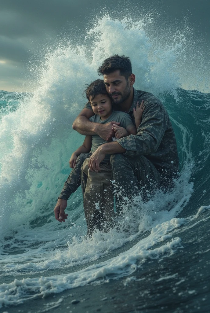 A father saving his childrens from flood.