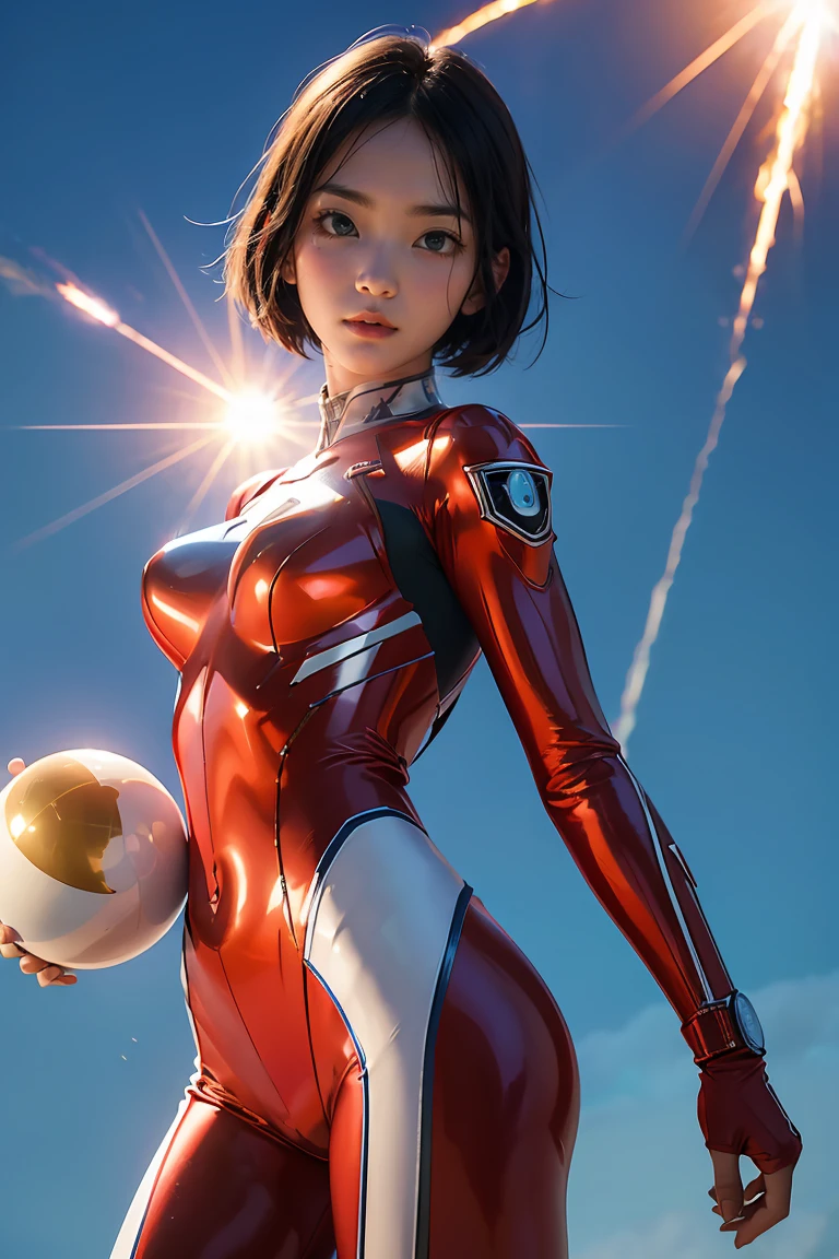 (((blue sky with cloud in background))), Ultraman、realistic、realistic、cinematic lighting, Girl in a shiny red and silver suit、18 years old、professional photo, Japanese model, Japanese cgi、Ultraman Suit、tight and thin cyber suit, Whole body rubbery delicate body, big breasts、small ass、thin thighs、thin arms、thin waist、、Both sides of the cyber suit stick to the skin、Big eyes、facing the front、facing the front、A glowing sphere is embedded in the chest., skirt,