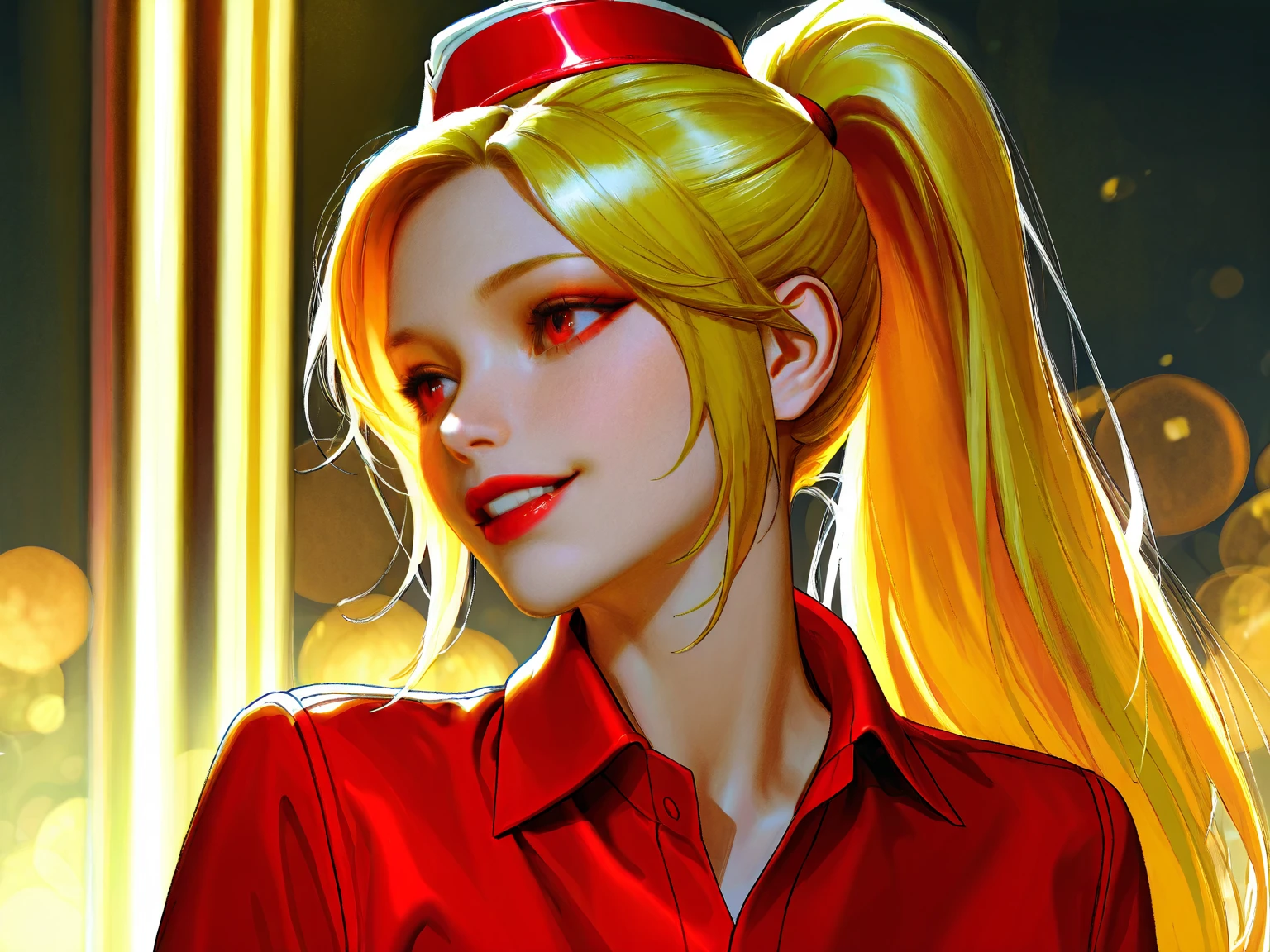 (Night:1.7), Japan, Tokyo, CityView, Before Window,
Standing at attention,
red jacket, cleavage, Pants,long sleeves, red gloves,
jewelry,baseball cap
blonde hair,green eyes,long hair,ponytail,
1 girl, 24yo,mature female,Beautiful Finger,Beautiful long legs,Beautiful body,Beautiful Nose,Beautiful character design, perfect eyes, perfect face,
looking at viewer, in the center of the image,(Upper_body),(close-Up),(Focus on her face),(from_right),
NSFW,official art,extremely detailed CG unity 8k wallpaper, perfect lighting,Colorful, Bright_Front_face_Lighting,
(masterpiece:1.0),(best_quality:1.0), ultra high res,4K,ultra-detailed,
photography, 8K, HDR, highres, absurdres:1.2, Kodak portra 400, film grain, blurry background, bokeh:1.2, lens flare, (vibrant_color:1.2)
(Beautiful,large_Breasts:1.4), (beautiful_face:1.5),(narrow_waist),