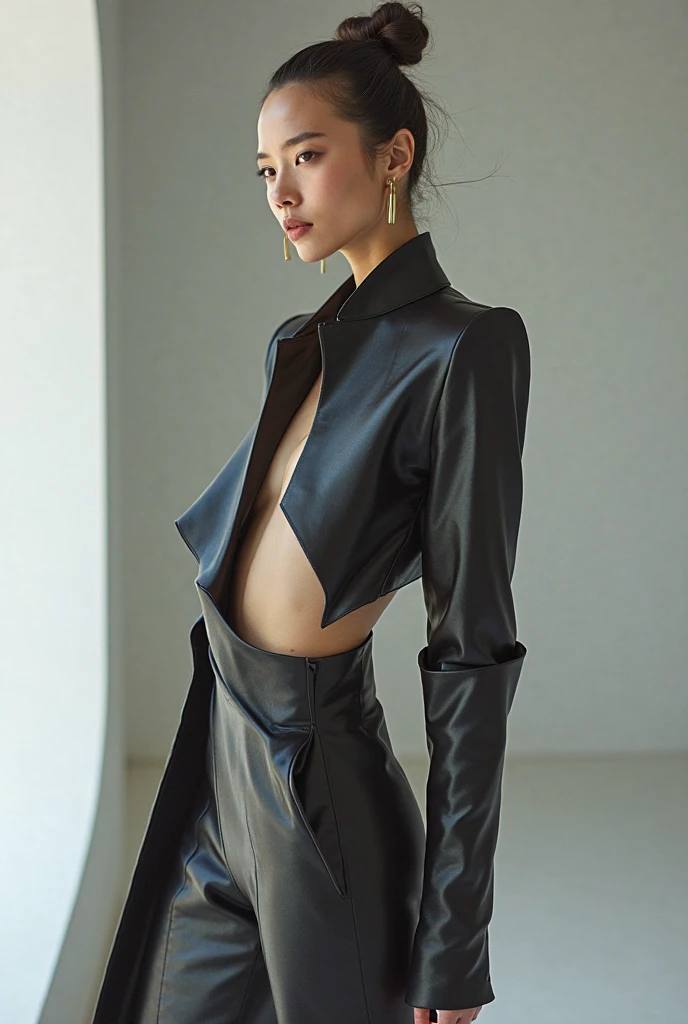 ( young malay girl:1.3), malay face,(strapped body con, Long sleeves, :1.3), (hair in a bun:1.4), beautiful face, (Details of a very beautiful face), detail skin texture, (Best Quality:1.4), 8K resolution, High resolution, (Photorealistic, High resolution:1.4), Raw photo, (Realistic, Photorealsitic:1.37), Gloss on lips, Parted lips, Nose, Realistic, cinematic lighting,at a fashion show(walking down the run way), walking down the runway,oily body, oily face.
