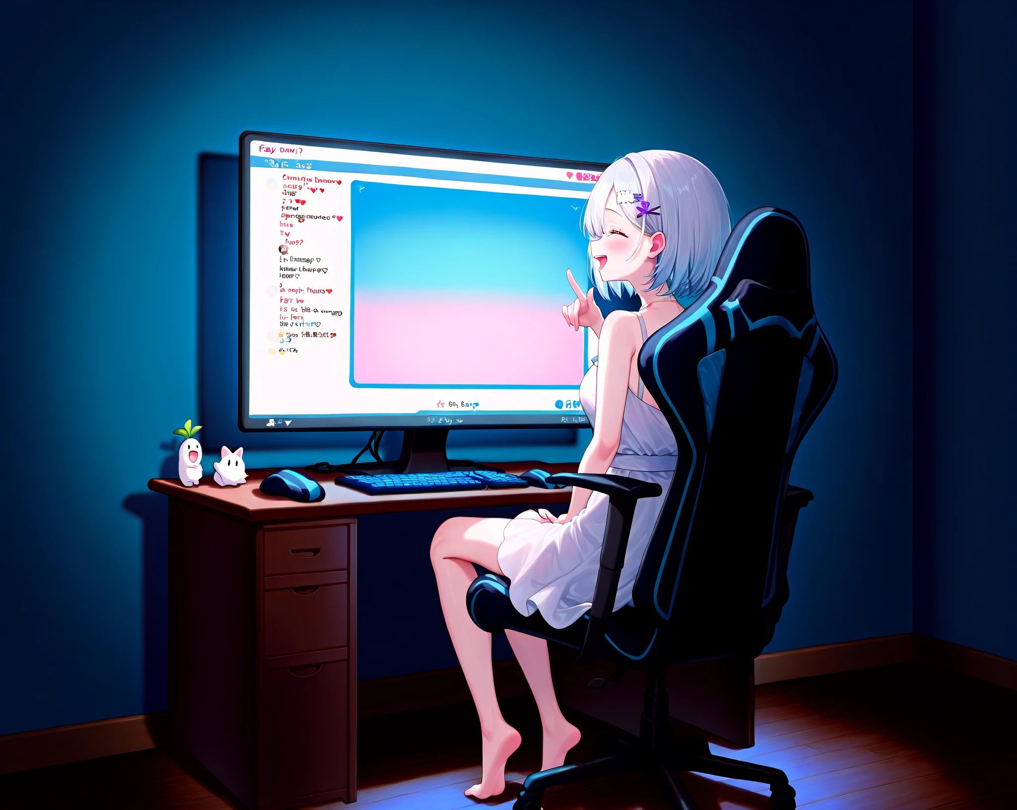 A dark brown haired anime girl with wavy hair and white skin, wearing a long white sweater, sits in a white gaming chair playing a game on a white dual-screen PC.