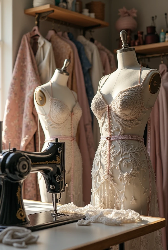 Various background fabrics with sewing tools and a sewing mannequin with a garment in the process of being made