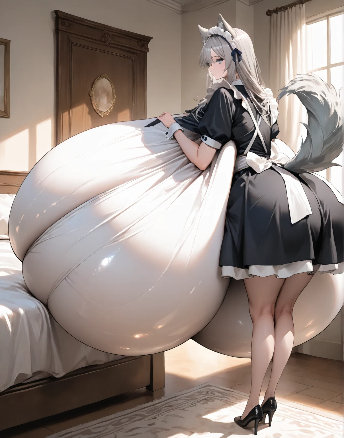 ((masterpiece, best quality, absurdres, highres, ultra detailed, high resolution, very fine 8KCG wallpapers)), 1 girl, solo, long hair, (cyan hair), blue eyes, bangs, happy, open mouth, smiling, looking at her own belly, her head facing her belly, both hands under her belly, maid apron, maid outfit, no shoes, black thighhighs, pregnant, sitting on the floor in a room with her knees outward like she is w-sitting