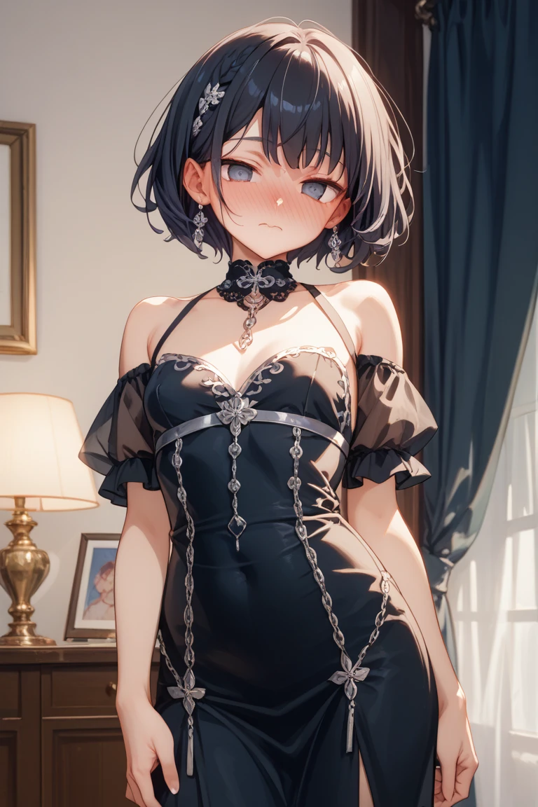 best quality, detailed face, highres, 1girl, middle breast, smile, silky dress, good anatomy, looking at viewer, soft focus, cinematic lighting, depth of field, ((happy expression)), middle hair, bare legs, alternative hairstyle,