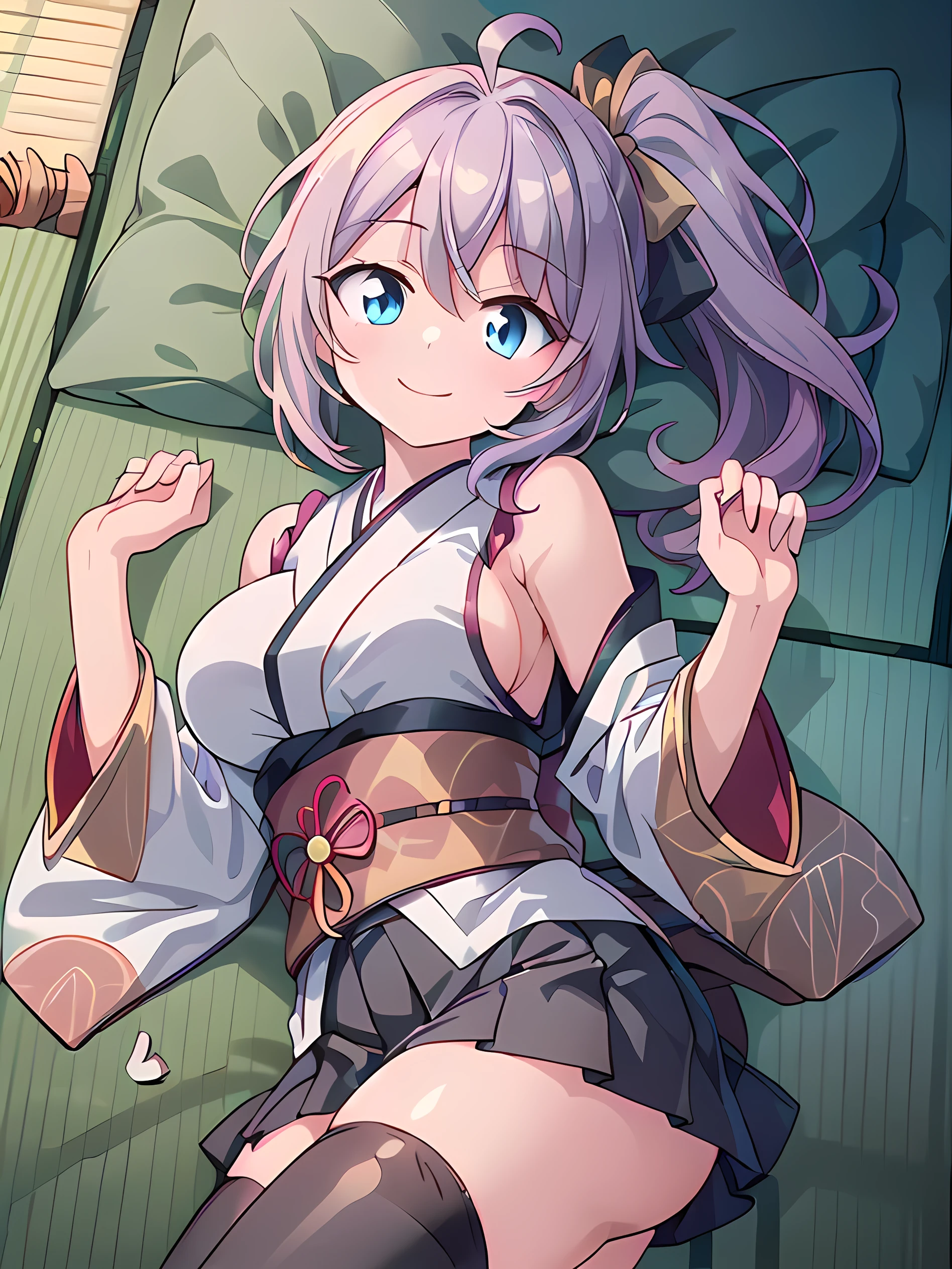 masterpiece, ultra detailed, 8K, full body shot,, a girl, kawaii, light atmosphere, (Cute a girl:1.5), (one girl with pale purple hair, wavy two braids, blunt bangs hair, green and black eyes :1.4), anime visual, (tilt head:1.3), extremely delicate face, realistic lighting and shading, (an extremely delicate and beautiful art:1.3),Watercolor painting, blush, Wearing a white yukata Morning glory pattern, A tatami room, a girl making tea for a guest, a teapot, green tea,smiling, a Girl spreads her legs and opens her yukata to reveal her nipples and pussy, nsfw,