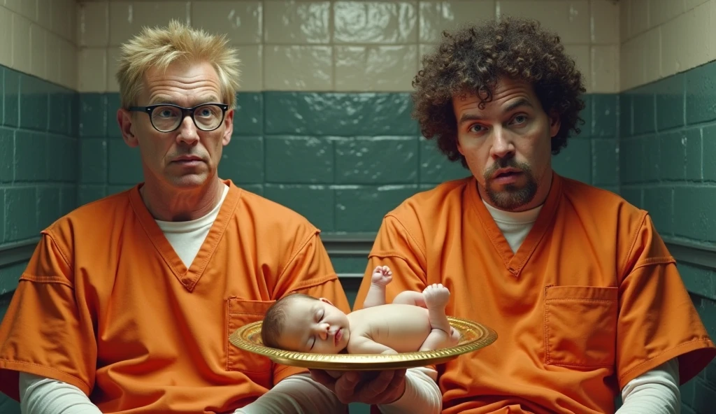 A group of hungry male inmates in orange uniforms around a table full of pizza and a on the table having fun playing innocently with the inmates' food.
