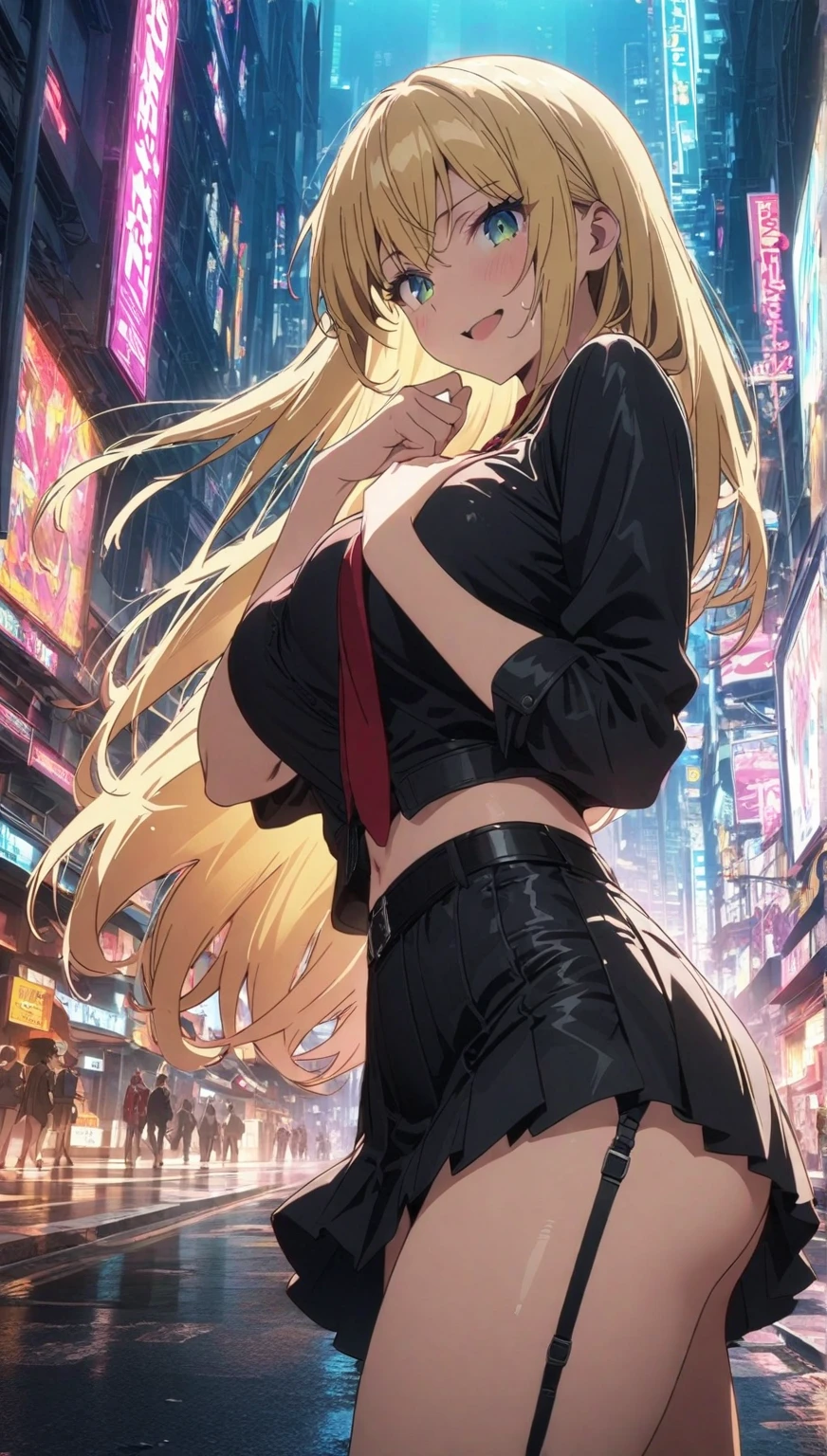 An animado illustration (1 chicas, ChicasLucy Heartfilia, mujer cabello rubio dorado, Brown eyes, piel clara sonrisa, Confident cyberpunk big breasts with smiling expression), ((Harajuku-inspired pop suit and tech jacket)), colores y patrones atrevidos, accesorios llamativos, ((dynamic pose)), futurista deslumbrante paisaje urbano cyberpunk, rascacielos, neon signs, luces LED brillantes, combination of bright and vivid colors, animado, illustration, (hermoso rostro detallado), Detalles intrincados, ultra detallado.