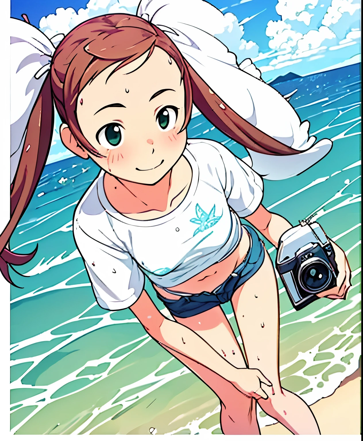 (masterpiece、 Highest Quality、 Highest Quality、 official art、 beautiful beautiful :1.2)、( one girl:1.3) Hatsune Miku、 Light Green Twin Tails, beautiful breasts, 1 girl, smile, girl, viewers looking straight up , volume lighting , dynamic pose、 Virtual Idol 、 sandy beach、Yellow sports bikini、 green eyes、round face, movie-like scenes of what you see、white t-shirt and shorts、Running on the beach、さわやかなsmile、 camera 、 official art、The background is the ocean、 blue sky、White waves and wide sandy beach、Wide Forest、White entrance cloud、( depth of written border:1.5)、Professional Lighting、 , インフィニティプールでgreat輝きを放っている , where Luna is resting , slim figure 、 Serenity as if she is immersed in the beauty of the moment . She's watching the sparkling turquoise ocean , Her eyes are shining with surprise , , high quality photo, wet texture, greige, Studio Photos , piece, shallow depth of field , vignette, very well detailed, It's a big budget idea , Hip, cinescope, dark, great , Nice, film grain standing on the ground , Rough