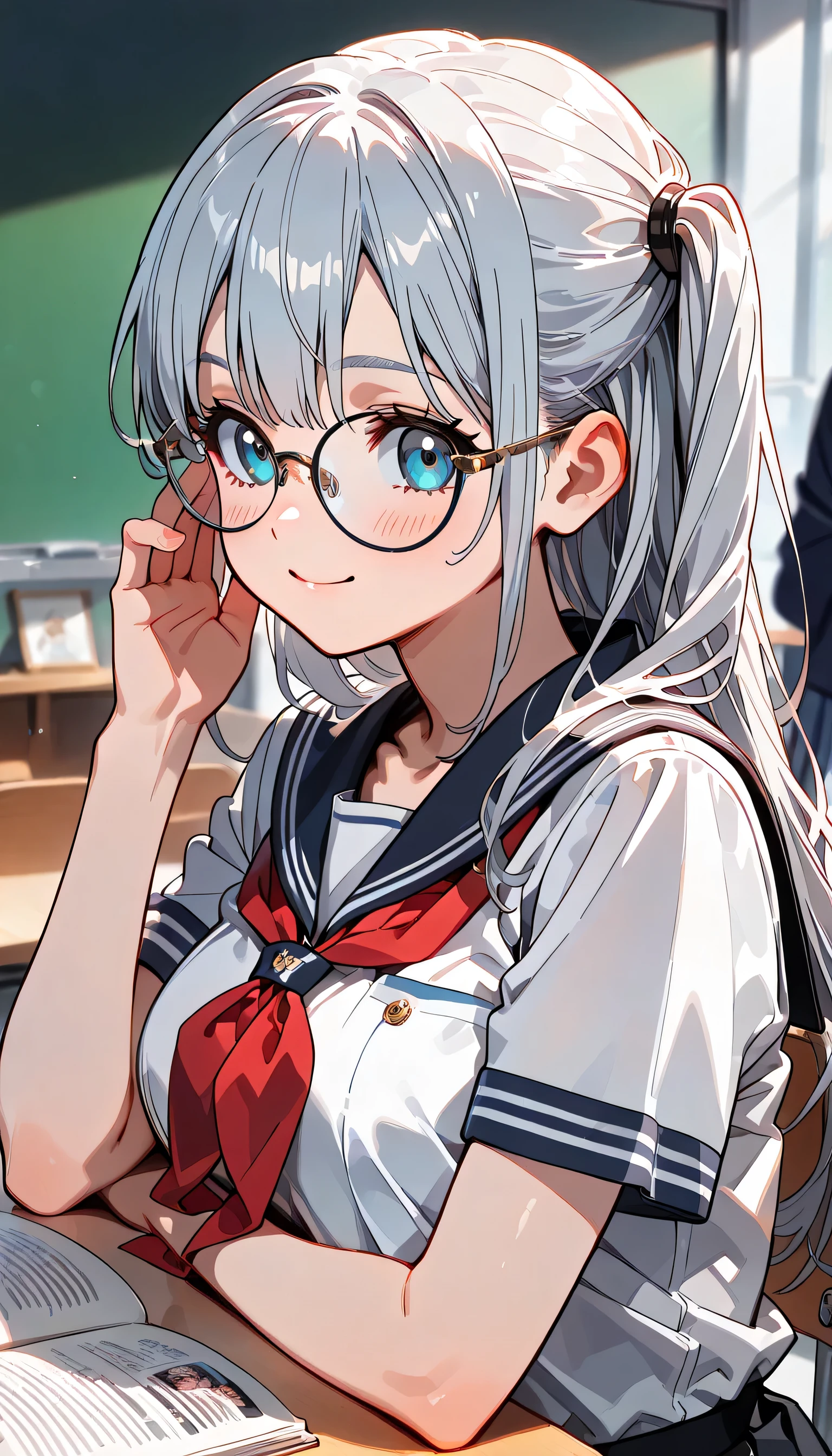 ((ultra-detailed)), (highly detailed CG illustration), (best quality:1.2), ultra-highly detailed, colorful composition, artistic photoshoot, 1girl, solo focus, upper body, moe anime character, girl, dainty facial structure, baby face, round face, rounded chin:1.2, celia-default, celia claire, blue eyes, (wearing glasses:1.3), (round eyewear:1.3), silver hair color, long hair, two side up, ample breasts, school uniform, sailor suit, traditional Japanese style with navy blue and white colors, smile, blush, spoken note:1.3, in the Classroom, writting a memo using a mechanical pencil:1.3, writting a memo in my notebook:1.3, Looking at the notebook:1.3, from side, best quality, masterpiece, expecting, pink cheek, blush, light pink gloss slip, portrait, depth of field, soft lighting, sidelighting, shine, lighting, caustics, ray tracing, smile, perfect face, lustrous skin, highly detailed face, highly detailed eyes, perfect face, perfect nose, perfect hair, perfect eyes, perfect anatomy, beautiful hair, beautiful small face, extremely detailed face, beautiful detailed eyes, beautiful clavicle, beautiful body, beautiful ample breasts, leavage, breasts squeezed together, equalize the size of the left and right breasts, beautiful thin thighs, beautiful legs, beautiful fingers, (4 fingers), 1 thumb, lovely, (very detailed background:1.0), (highly detailed background:1.0), spring aesthetic, intricate details, joyful atmosphere, spring colors palette, chromatic aberration