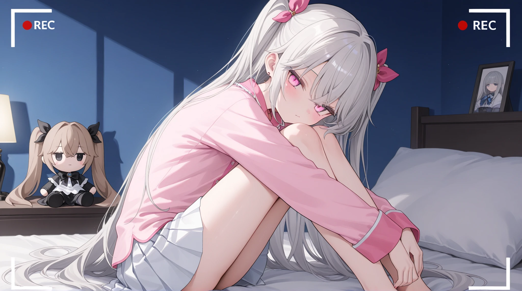 redraw, 1girl, , long white hair, messy hair, pink eyes, school bloomers, barefoot, small breasts, thighs, shy, masterpiece,