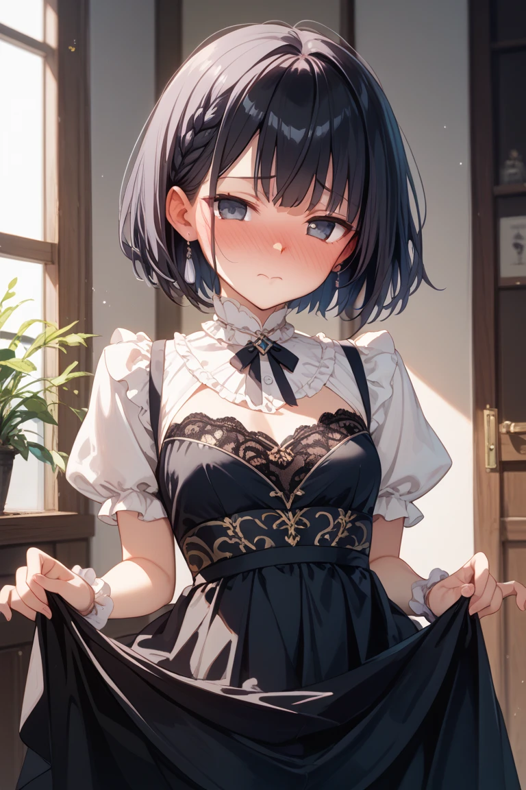 masterpiece,Highest quality,One girl,Maid,Black Bob,Black apron dress,Small ,Black Pantyhow Angle,Looking into the camera,(Sharp eyes),Glare,Contemptuous Eyes,(Hollow Eyes)Through clenched teeth,Sweat,(Raise your skirt yourself),Panty shot,(es through pe),Camel-to-Focuom below),Raise one leg,throw