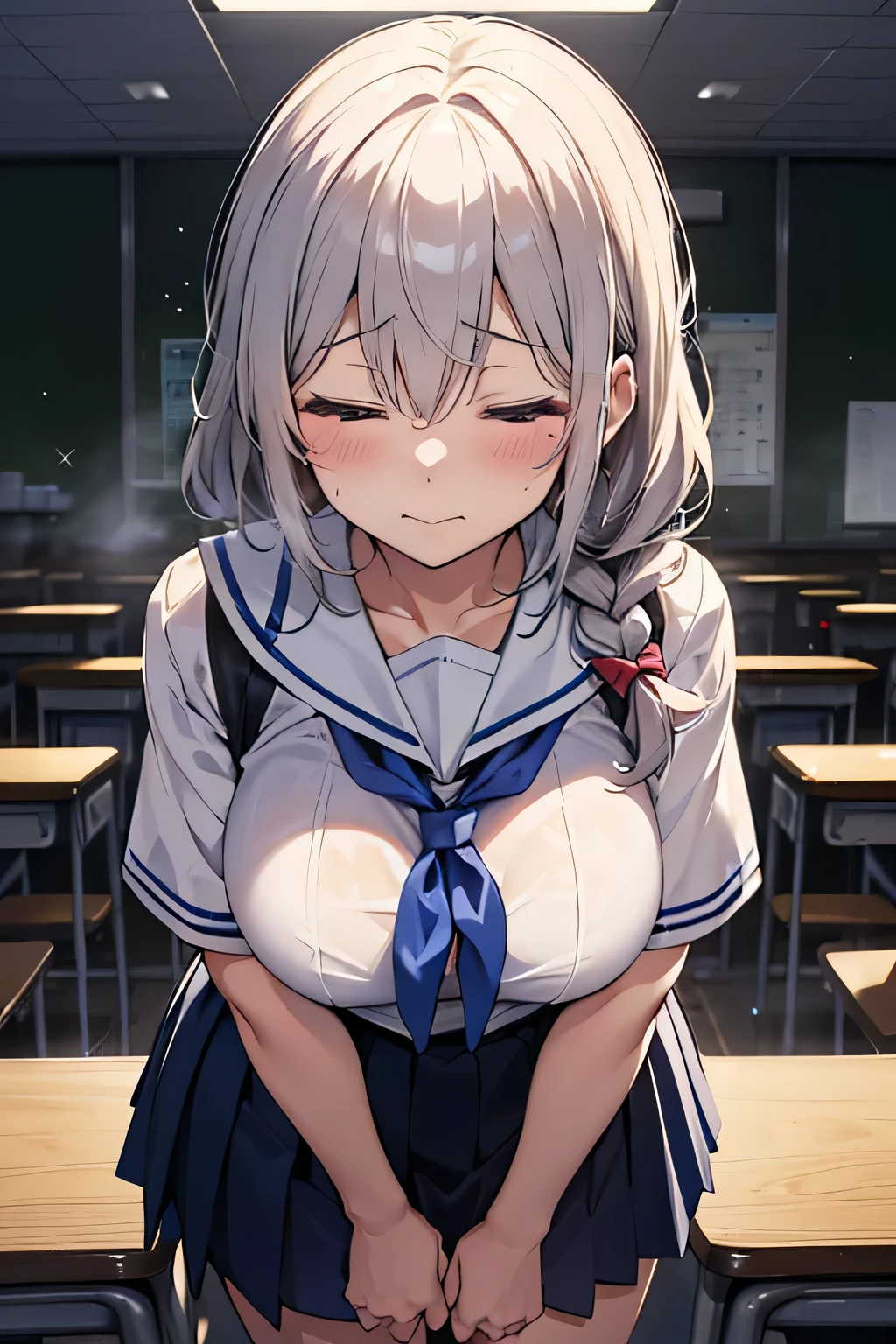 (upper body:1.2), (head tilt), (leaning forward:1.5), (breasts apart),(sagging breasts), embarrassed, seductive smile, (blush), drunken eyes,
bewitching pose, heavy breathing, fog, (glistening skin:1.2),
uzaki tsuki,宇崎 月,1woman,(closed eyes:1.5),灰色の髪, {{single braid}},(巨大な胸, グラマー:1.2), (巨大なヒップ:1.2),
高解像度,鋭い焦点,(超詳細,非常に詳細),(非常に詳細 CG unity 8k wallpaper),(((鮮やかな色彩)))、{best illustration},
自然な肌の質感, リアルな顔のディテール),((詳細なボディ)),(詳細な顔)), (betterhand, 完璧な解剖学),成熟した女性,curvy,mature female,
shiny body, plastic glitter 肌,exaggerated shiny 肌,illuminated 肌,sloppy body,
school uniform, sailor suit, traditional Japanese style with navy blue and white colors, detailed ribbon and pleated skirt,
High school classroom, desks, chairs, 窓から見える校庭,