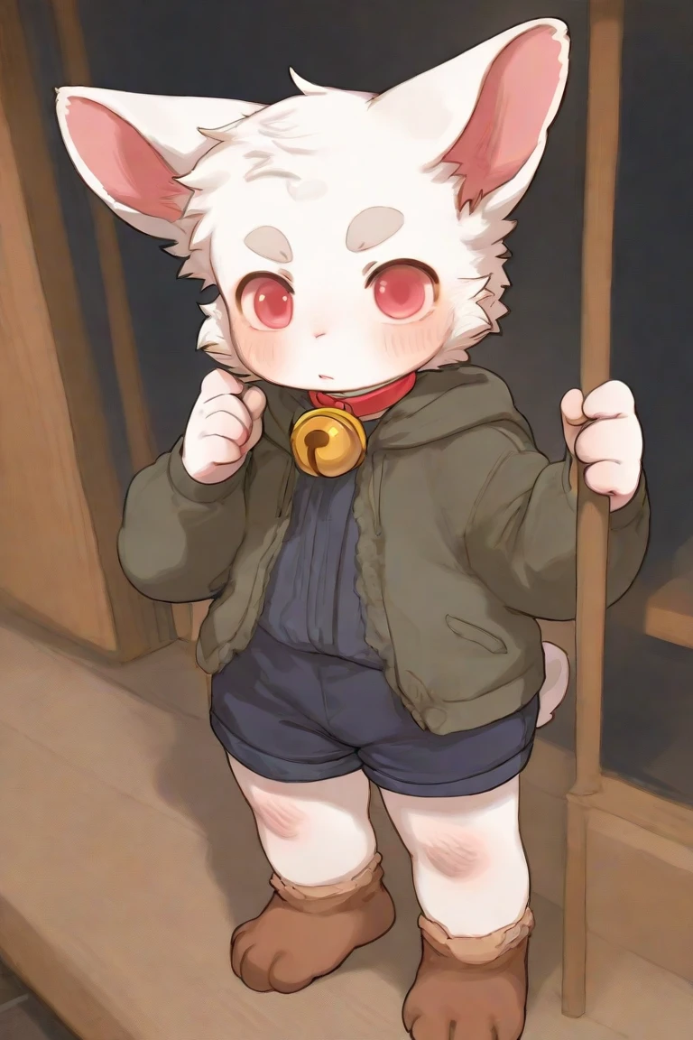 masterpiece, alone, one boy, of young children、Grey furry, kemono, A white loincloth with a bulging crotch, naked, sinner,Troubled face, blush, Watery eye, Look down, Hands tied together in front of the body, Being led down the street by a rope、Edo Town、Spectators