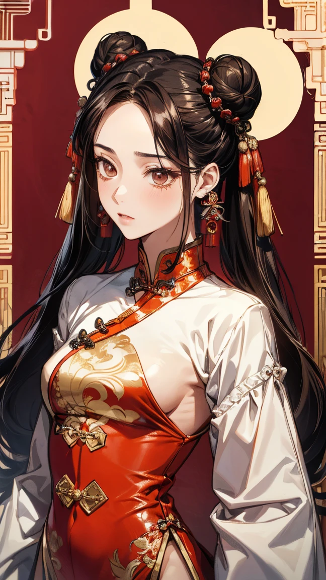 brunette wavy hair,Red Sari,black eyes、Indian elements,Brown woman、plump body shape、Cow horns on the head