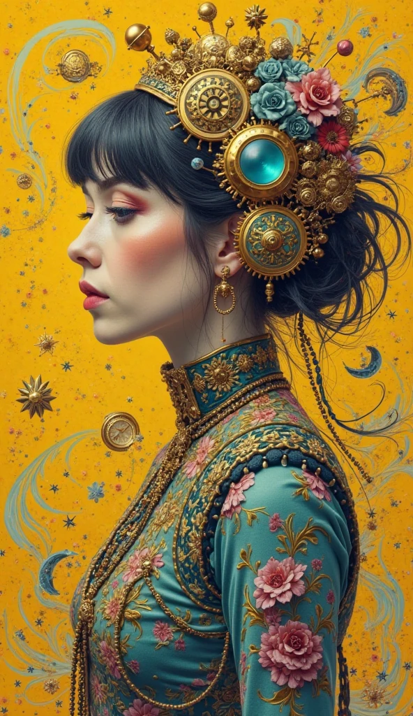 A portrait of a artist, with a thoughtful expression surrounded by open space, 1970's poster, psychedelic, 3d image of a steampunk woman, in the style of Bella Kotak, gold and cyan, photorealistic detail, dark fairy tales, detailed miniatures, artgerm, uhd image --ar 1:2 --personalize yruxpc2 --stylize 750 --v 6.1 colors, swirls, abstract, bold yellow background, centered, open space.
