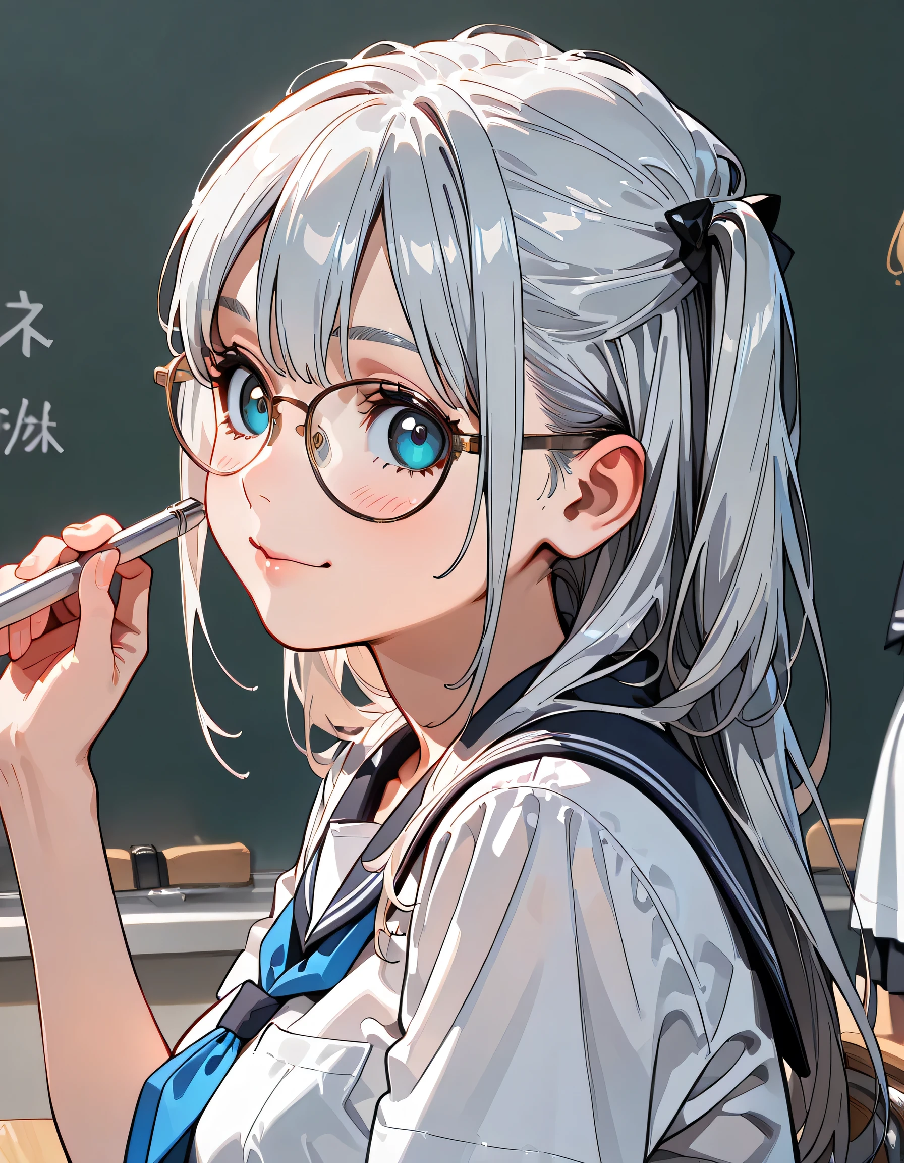((ultra-detailed)), (highly detailed CG illustration), (best quality:1.2), ultra-highly detailed, colorful composition, artistic photoshoot, 1girl, solo focus, upper body, moe anime character, girl, dainty facial structure, baby face, round face, rounded chin:1.2, celia-default, celia claire, blue eyes, (wearing glasses:1.3), (round eyewear:1.3), silver hair color, long hair, two side up, ample breasts, school uniform, sailor suit, traditional Japanese style with navy blue and white colors, smile, blush, spoken note:1.3, in the Classroom, ((writting a memo using a mechanical pencil:1.3)), ((writting a memo in my notebook:1.3)), Looking at the notebook:1.3, from side, best quality, masterpiece, expecting, pink cheek, blush, light pink gloss slip, portrait, depth of field, soft lighting, sidelighting, shine, lighting, caustics, ray tracing, smile, perfect face, lustrous skin, highly detailed face, highly detailed eyes, perfect face, perfect nose, perfect hair, perfect eyes, perfect anatomy, beautiful hair, beautiful small face, extremely detailed face, beautiful detailed eyes, beautiful clavicle, beautiful body, beautiful ample breasts, leavage, breasts squeezed together, equalize the size of the left and right breasts, beautiful thin thighs, beautiful legs, beautiful fingers, (4 fingers), 1 thumb, lovely, (very detailed background:1.0), (highly detailed background:1.0), spring aesthetic, intricate details, joyful atmosphere, spring colors palette, chromatic aberration