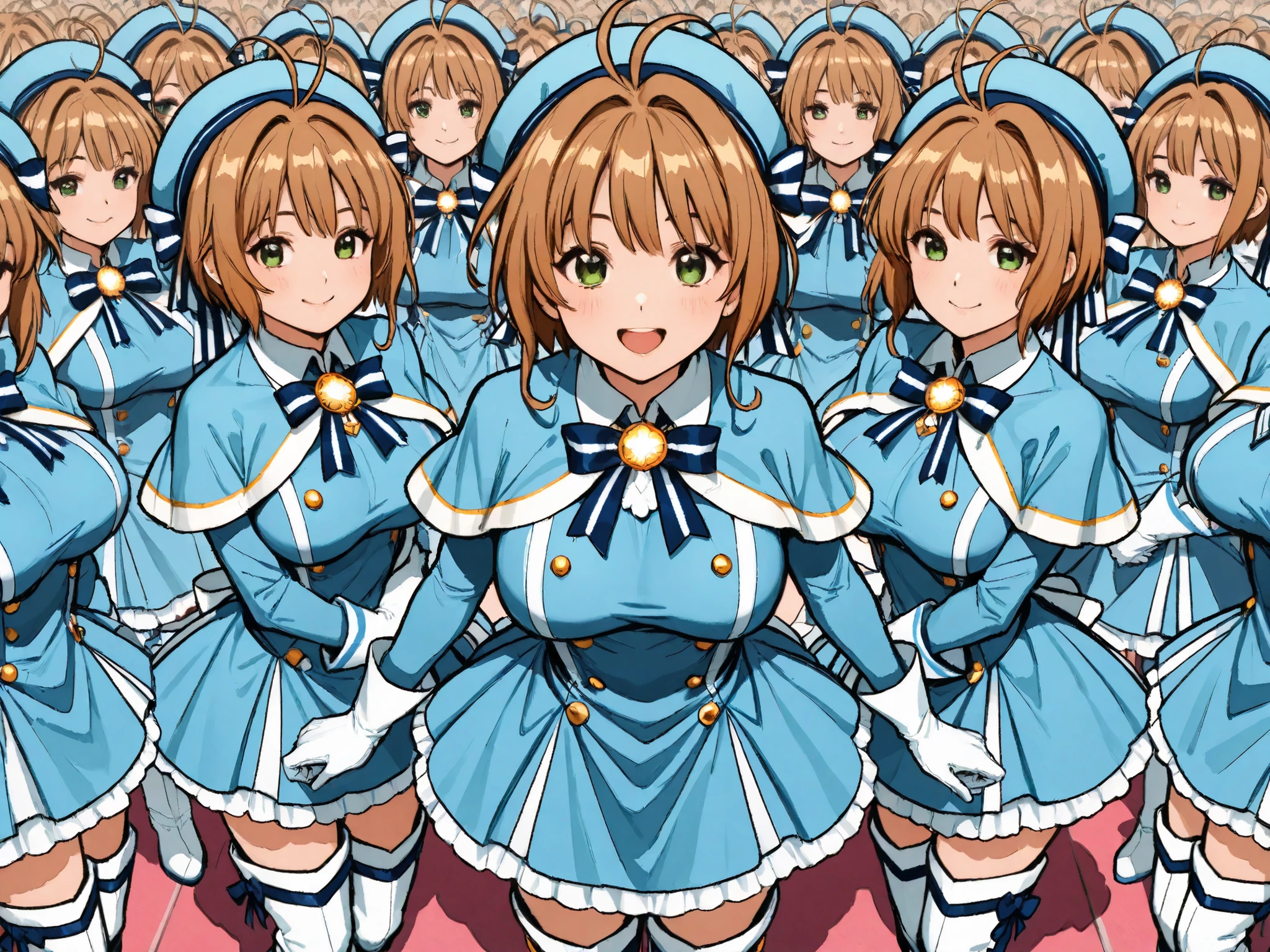 masterpiece, top quality, wacky clothes , Big Breasts、Super Massive Multiplication of Clone Crowds, Super crowds to the end of the world、brown short hair, antenna hair, Bangs, stupid hair, hair intake , green eyes , Clothes 2 , gloves, light blue headwear , light blue capelets, blue white striped dress, long sleeve, white thigh boots, blue stripe ribbon, Ultra-wide field of view描写, Your smile is super cute, Clone Supercrowds of Enthusiasm and Doting, skinship、hug、The town's cute adult magical girl, Very detailed and accurate1Point perspective drawing, Ultra-wide field of view, Super Wide view, various angle depictions,