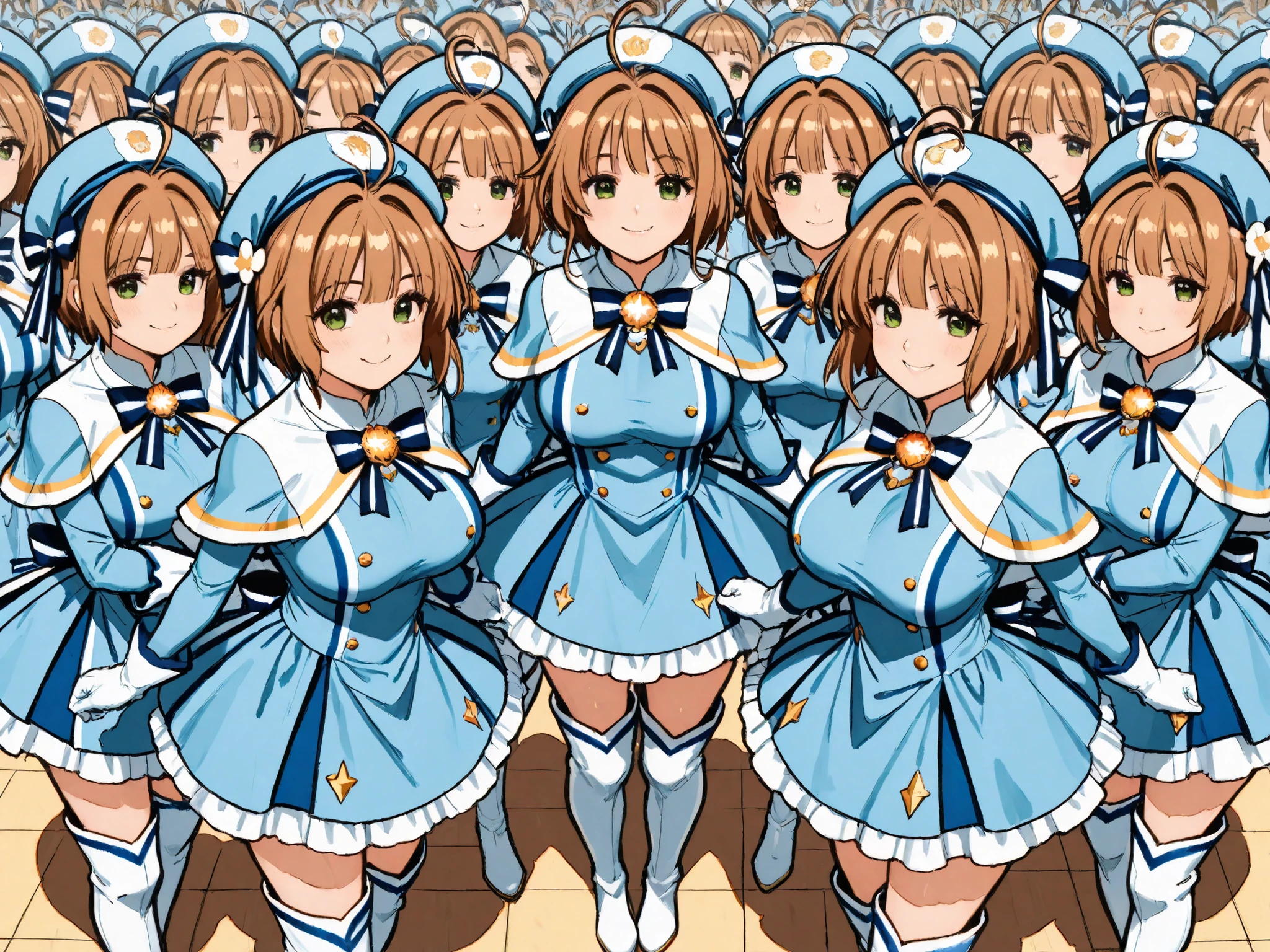 masterpiece, top quality, wacky clothes , Big Breasts、Super Massive Multiplication of Clone Crowds, Super crowds to the end of the world、brown short hair, antenna hair, Bangs, stupid hair, hair intake , green eyes , Clothes 2 , gloves, light blue headwear , light blue capelets, blue white striped dress, long sleeve, white thigh boots, blue stripe ribbon, Ultra-wide field of view描写, Your smile is super cute, Clone Supercrowds of Enthusiasm and Doting, skinship、hug、The town's cute adult magical girl, Very detailed and accurate1Point perspective drawing, Ultra-wide field of view, Super Wide view, various angle depictions,
