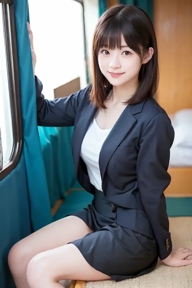On a commuter train,The skin is wet with sweat,(looking at the camera),Cleavage,(Wearing a shirt),smile,Skirt Lift、Lift your skirt with your hands,woman, 20-year-old, Short Hair、bangs、(Plain suit skirt),(White lace panties)、Cute earrings