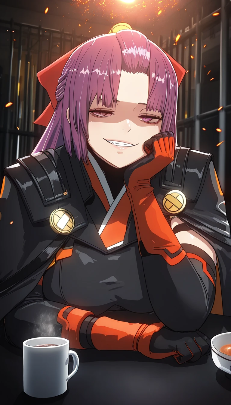 ggstduel, (minami_koyogi-style:1.4), (norman_maggot-style:0.8), ((anatomical correct)), ((embers)), ((Cinematic, unreal engine, eye-catching, ambient occlusion, UHD, masterpiece)), ((perfect lighting)), perfect body, perfect eyes, perfect fingers, gasping, heavy breathing, gasping profusely, ((skindentation)), ((curvy)), SHIKOKU_(MATO_SEIHEI_NO_SLAVE), purple hair, purple eyes, slit pupils, long hair, hair bow, red bow, parted bangs, ribbon trim, half updo hair, bangs_pinned_back, straight hair, ((medium breasts)), plump, hearts, pleasured, clenched teeth, elbow gloves, head rest, table, cup, head rest, gloves, necktie, bokeh, sitting, bars, half-closed eyes, shaded face, smirk, black gloves, elbow gloves