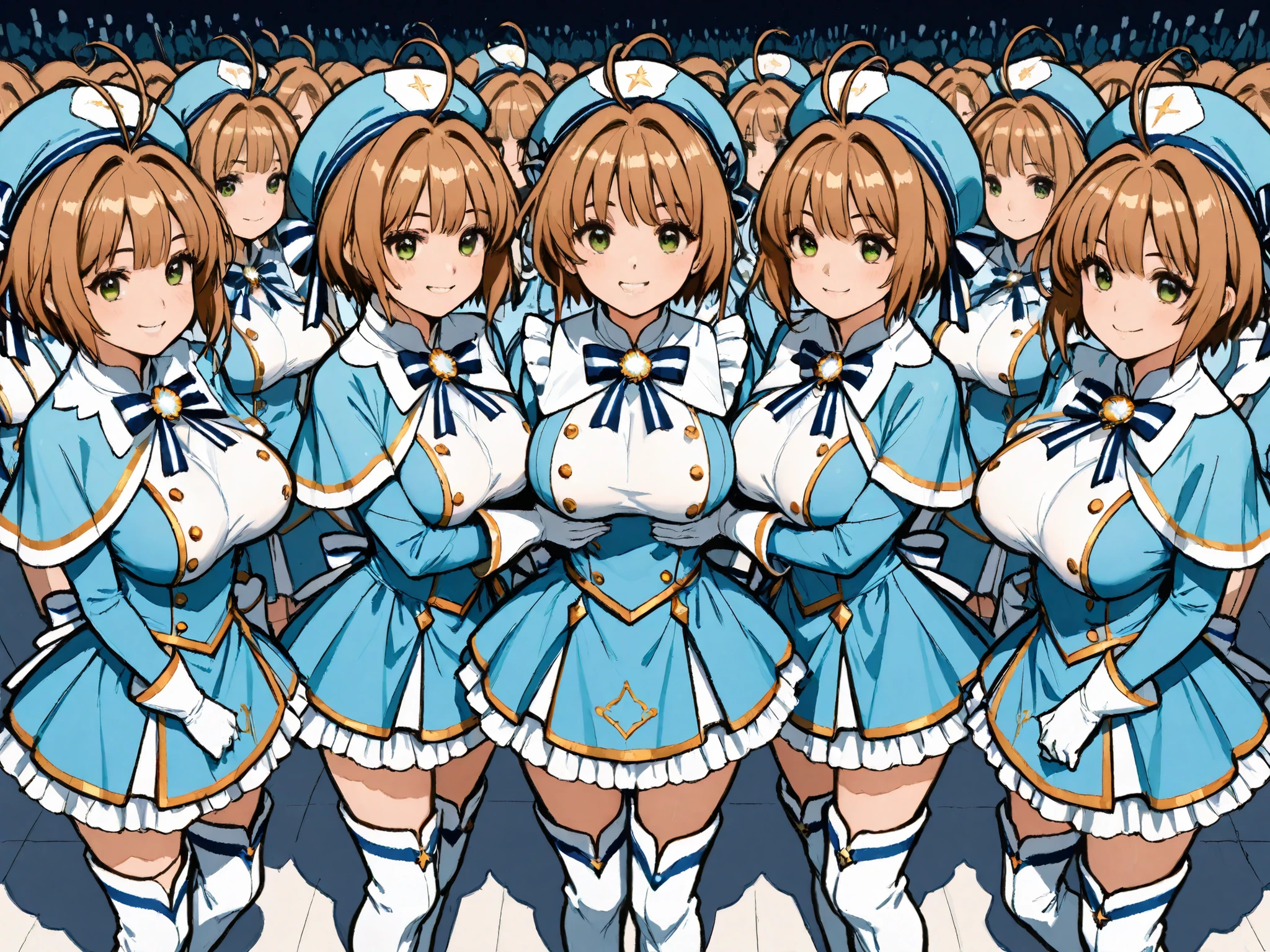 masterpiece, top quality, wacky clothes , Big Breasts、Super Massive Multiplication of Clone Crowds, Super crowds to the end of the world、brown short hair, antenna hair, Bangs, stupid hair, hair intake , green eyes , Clothes 2 , gloves, light blue headwear , light blue capelets, blue white striped dress, long sleeve, white thigh boots, blue stripe ribbon, Ultra-wide field of view描写, Your smile is super cute, Clone Supercrowds of Enthusiasm and Doting, skinship、hug、The town's cute adult magical girl, Very detailed and accurate1Point perspective drawing, Ultra-wide field of view, Super Wide view, various angle depictions,