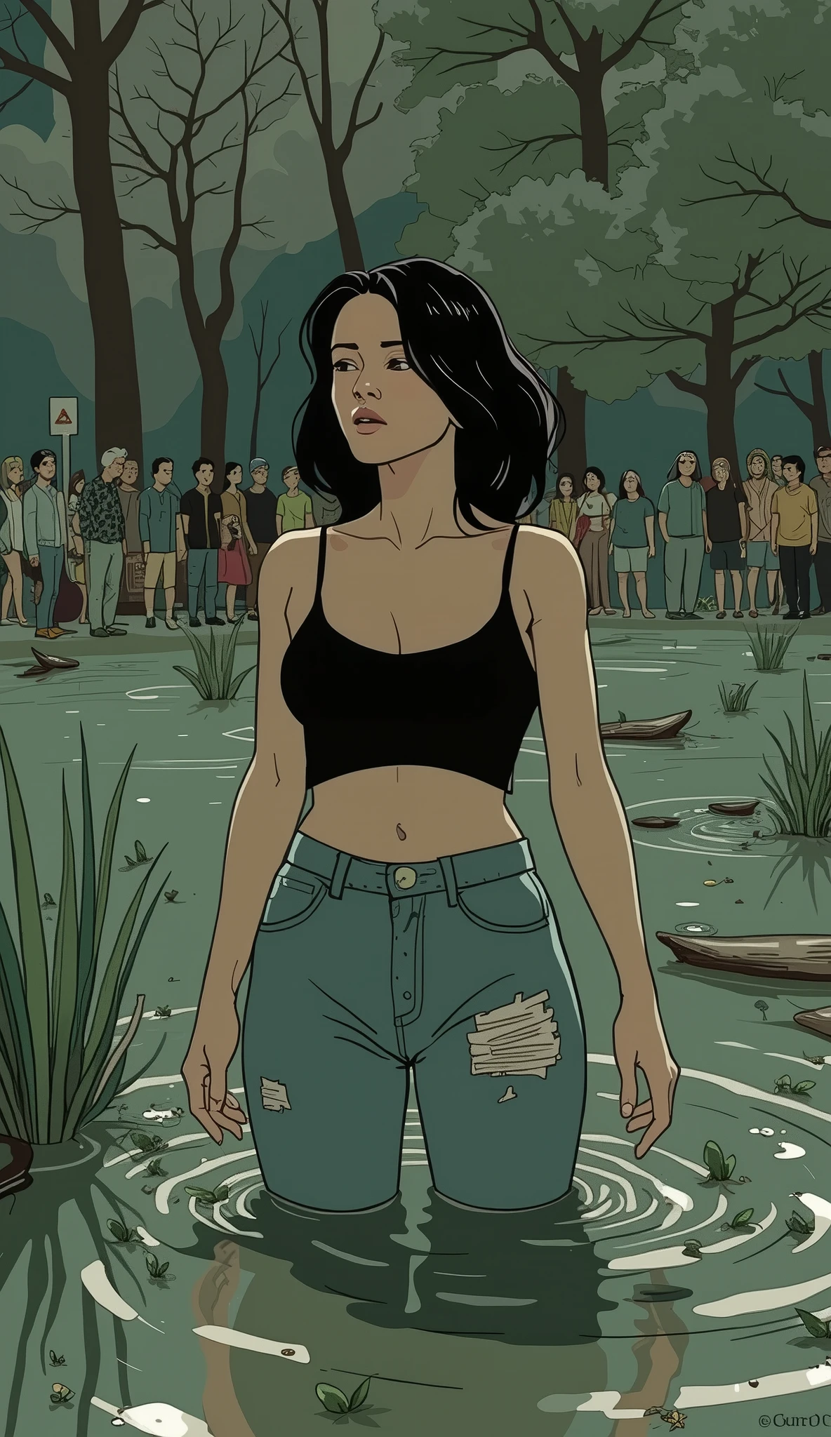 superflat, flat shading, flat colors, (masterpiece, best quality), 1girl, , wet t-shirt, transparent,black bra see through, standing in crowd, wet hair, sunlight, bright, best shadows, watercolor,