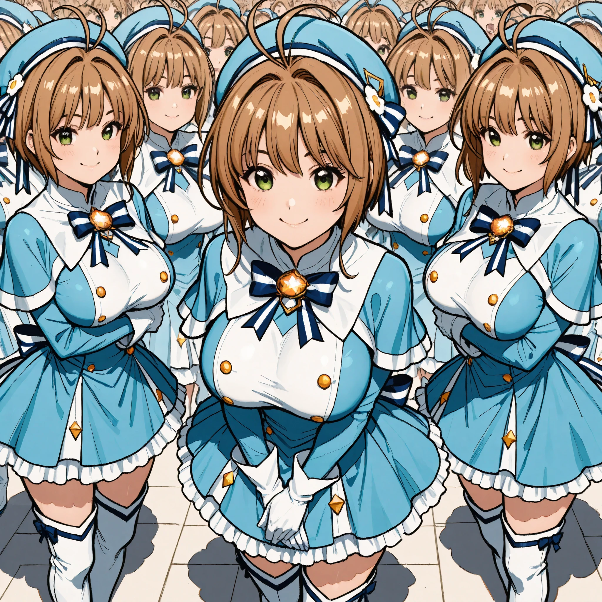 masterpiece, top quality, wacky clothes , Big Breasts、Super Massive Multiplication of Clone Crowds, Super crowds to the end of the world、brown short hair, antenna hair, Bangs, stupid hair, hair intake , green eyes , Clothes 2 , gloves, light blue headwear , light blue capelets, blue white striped dress, long sleeve, white thigh boots, blue stripe ribbon, Ultra-wide field of view描写, Your smile is super cute, Clone Supercrowds of Enthusiasm and Doting, skinship、hug、The town's cute adult magical girl, Very detailed and accurate1Point perspective drawing, Ultra-wide field of view, Super Wide view, various angle depictions,