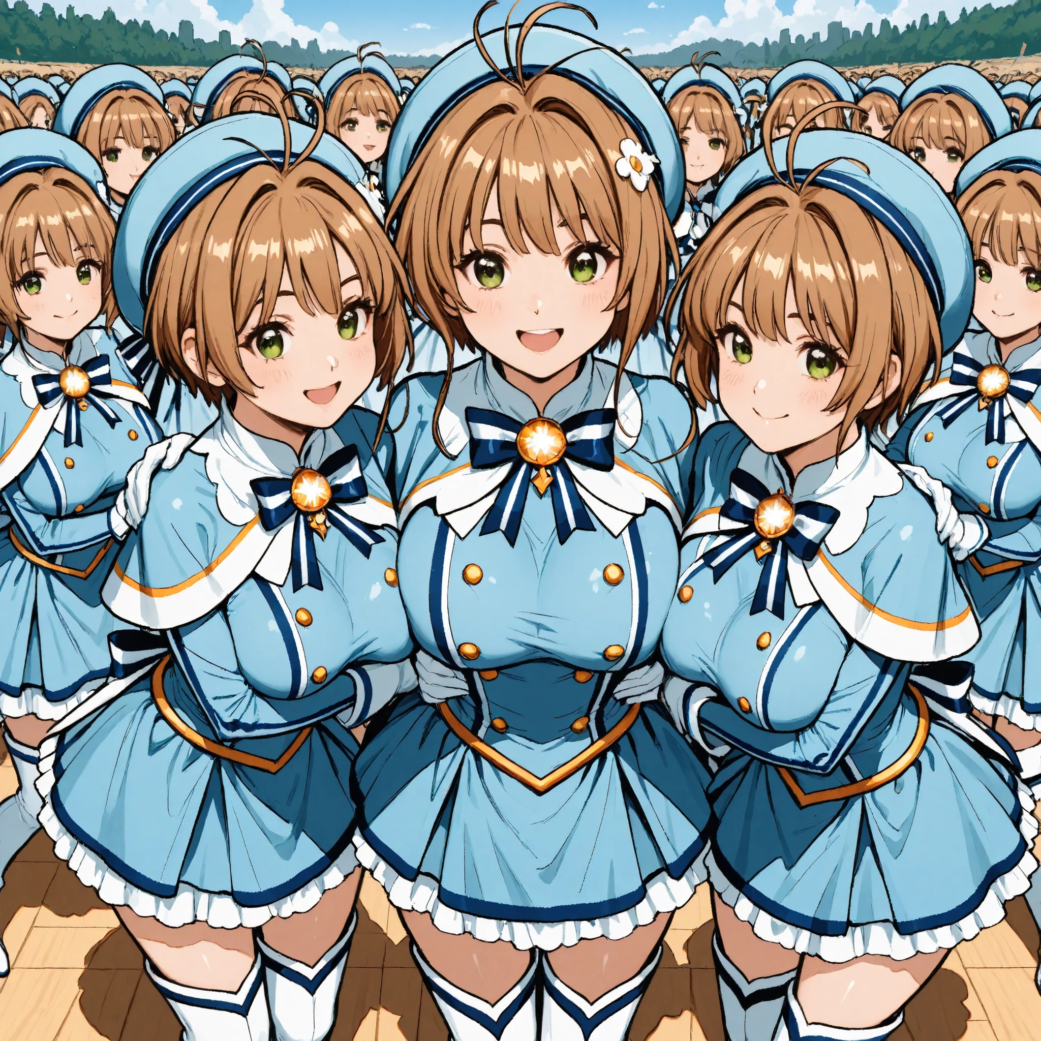 masterpiece, top quality, wacky clothes , Big Breasts、Super Massive Multiplication of Clone Crowds, Super crowds to the end of the world、brown short hair, antenna hair, Bangs, stupid hair, hair intake , green eyes , Clothes 2 , gloves, light blue headwear , light blue capelets, blue white striped dress, long sleeve, white thigh boots, blue stripe ribbon, Ultra-wide field of view描写, Your smile is super cute, Clone Supercrowds of Enthusiasm and Doting, skinship、hug、The town's cute adult magical girl, Very detailed and accurate1Point perspective drawing, Ultra-wide field of view, Super Wide view, various angle depictions,