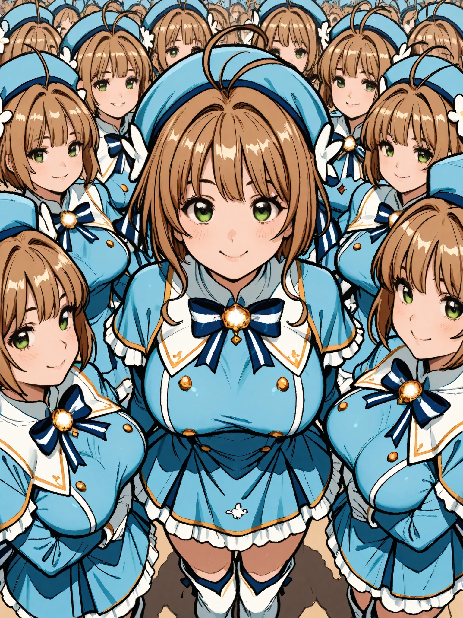 masterpiece, top quality, wacky clothes , Big Breasts、Super Massive Multiplication of Clone Crowds, Super crowds to the end of the world、brown short hair, antenna hair, Bangs, stupid hair, hair intake , green eyes , Clothes 2 , gloves, light blue headwear , light blue capelets, blue white striped dress, long sleeve, white thigh boots, blue stripe ribbon, Ultra-wide field of view描写, Your smile is super cute, Clone Supercrowds of Enthusiasm and Doting, skinship、hug、The town's cute adult magical girl, Very detailed and accurate1Point perspective drawing, Ultra-wide field of view, Super Wide view, various angle depictions,