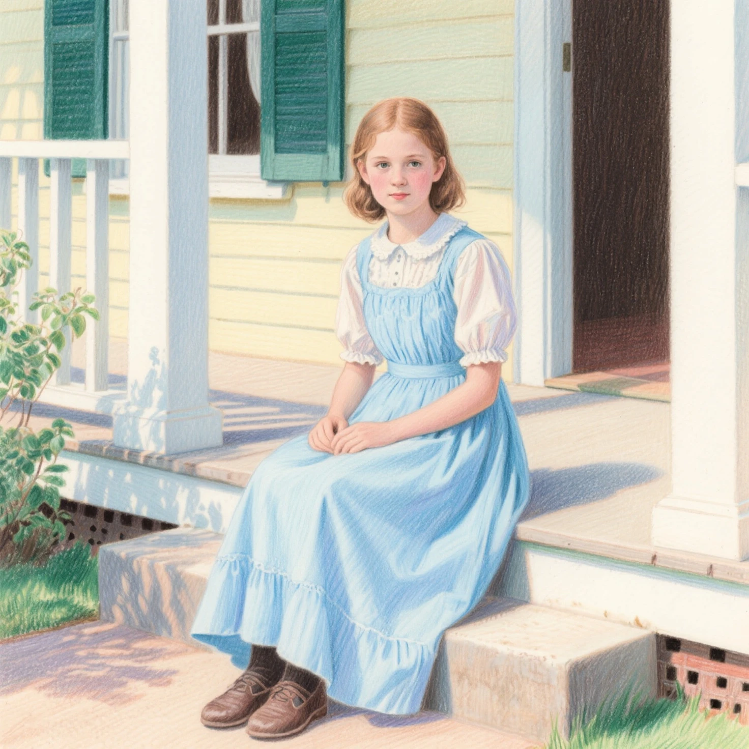 irish albino girl in rocking chair in southern porch with fireflies dust and porch lights summerevening humid dramatic lighting with light and shadows patterns on skin style of sally mann in color nostalgia