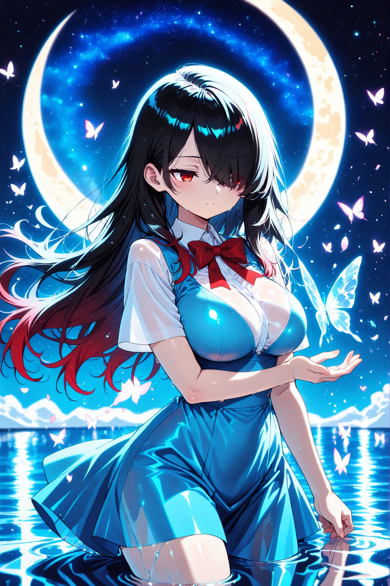 1 girl, Kuroki Monika, red eyes, gradient hair, black hair, red hair, long hair, asymmetrical hairline, hair over right eye, ((large breasts)), (petite but curvy), very cute, lovely, solo, standing, cirno, white shirt, white sleeves, short sleeves, blue plain vest, blue skirt, red string bowtie, ice wings, ice crystals floating on each side three symmetrically, raise both arms diagonally upwards, a butterfly flies on a hand, night, starry sky, (a big shining beautiful moon), flying fantastic glowing purple butterflies, knee-deep water, reflective water, shining water, blue nemophila floating on the water surface, flying hair, flying skirt, flying water droplets, flying mysterious light particles, flying mysterious flower petals, from side, look away, look above, cowboy shot, fantastic, memorable, anime, high-detail, 8k, high quality, best quality, masterpiece, best quality, very aesthetic, absurdres, detailed background, Maximum facial details, Maximum detailed textures, Maximum detailed shadows, Maximum detailed backg,shining eyes, Beautiful color palette