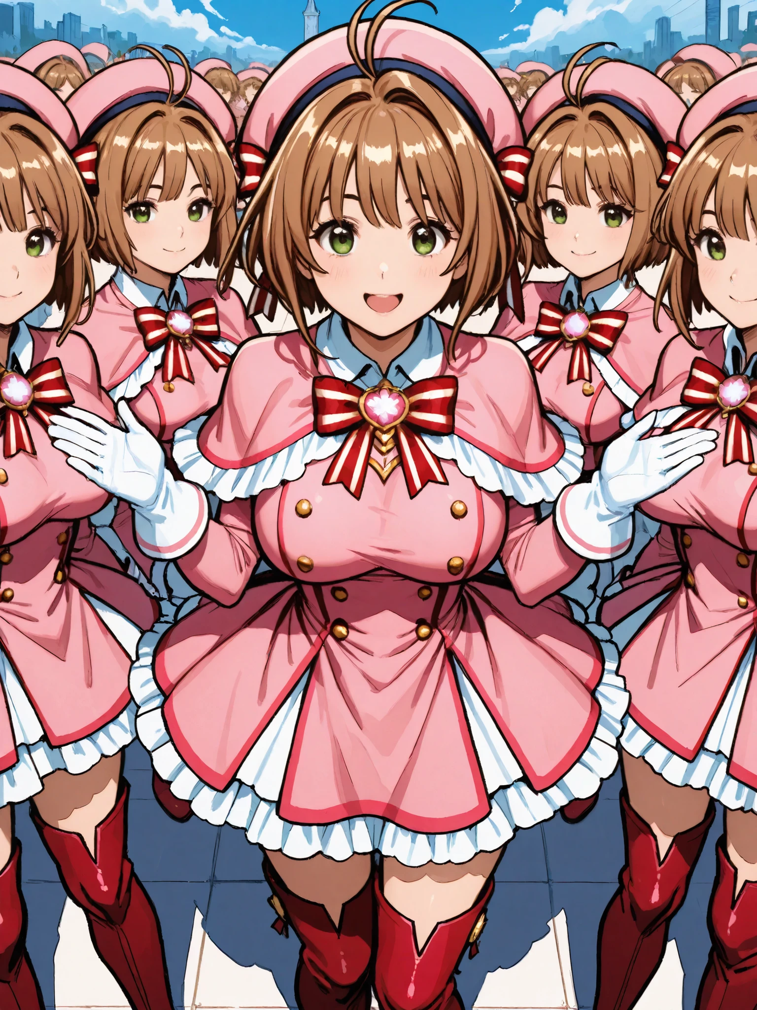 masterpiece, top quality, wacky clothes , Big Breasts、Super Massive Multiplication of Clone Crowds, Super crowds to the end of the world、brown short hair, antenna hair, Bangs, stupid hair, hair intake , green eyes , Clothes 2 , gloves, pink headwear , Pink Capelets, pink dress, long sleeve, Red Thigh Boots, Red Striped Ribbons, Ultra-wide field of view描写, Your smile is super cute, Clone Supercrowds of Enthusiasm and Doting, skinship、hug、The town's cute adult magical girl, Very detailed and accurate1Point perspective drawing, Ultra-wide field of view, Super Wide view, various angle depictions,