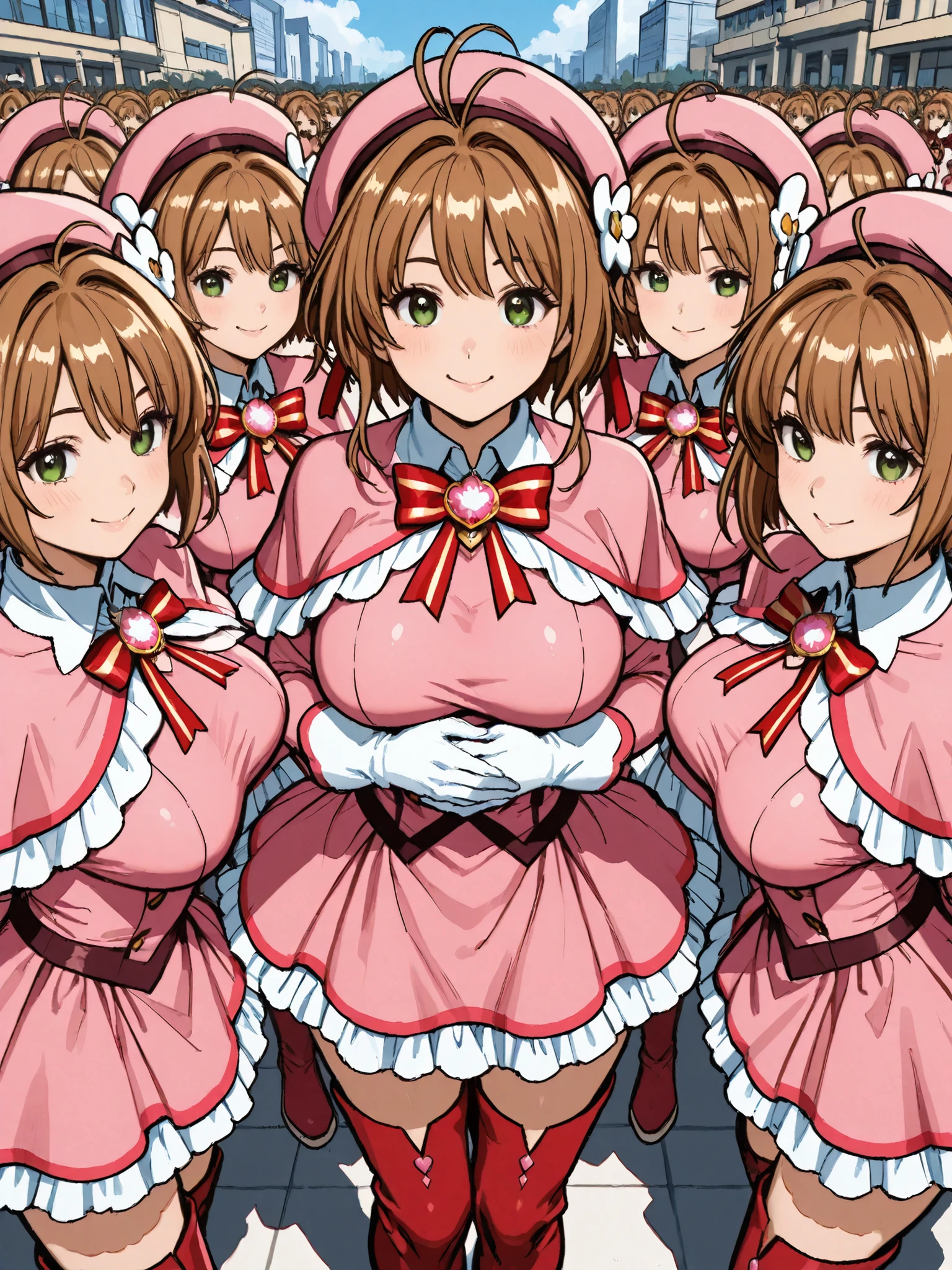 masterpiece, top quality, wacky clothes , Big Breasts、Super Massive Multiplication of Clone Crowds, Super crowds to the end of the world、brown short hair, antenna hair, Bangs, stupid hair, hair intake , green eyes , Clothes 2 , gloves, pink headwear , Pink Capelets, pink dress, long sleeve, Red Thigh Boots, Red Striped Ribbons, Ultra-wide field of view描写, Your smile is super cute, Clone Supercrowds of Enthusiasm and Doting, skinship、hug、The town's cute adult magical girl, Very detailed and accurate1Point perspective drawing, Ultra-wide field of view, Super Wide view, various angle depictions,
