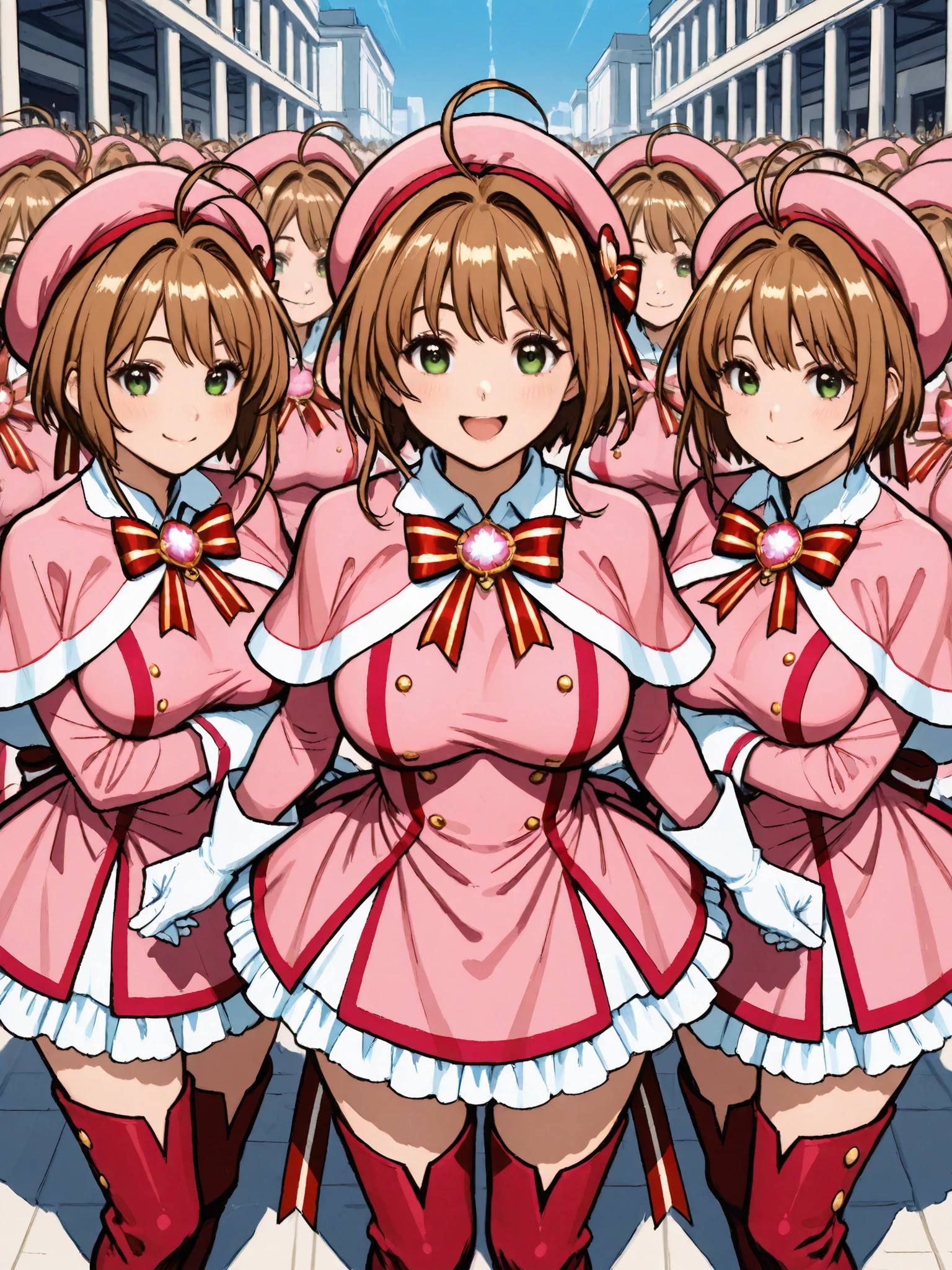 masterpiece, top quality, wacky clothes , Big Breasts、Super Massive Multiplication of Clone Crowds, Super crowds to the end of the world、brown short hair, antenna hair, Bangs, stupid hair, hair intake , green eyes , Clothes 2 , gloves, pink headwear , Pink Capelets, pink dress, long sleeve, Red Thigh Boots, Red Striped Ribbons, Ultra-wide field of view描写, Your smile is super cute, Clone Supercrowds of Enthusiasm and Doting, skinship、hug、The town's cute adult magical girl, Very detailed and accurate1Point perspective drawing, Ultra-wide field of view, Super Wide view, various angle depictions,