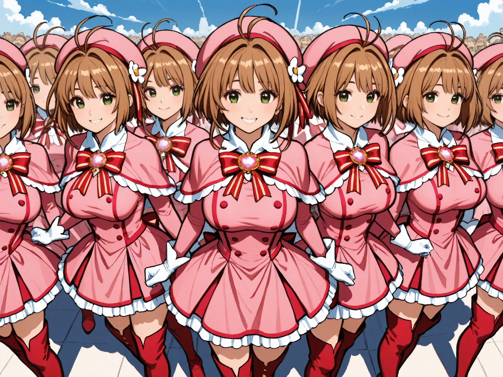 masterpiece, top quality, wacky clothes , Big Breasts、Super Massive Multiplication of Clone Crowds, Super crowds to the end of the world、brown short hair, antenna hair, Bangs, stupid hair, hair intake , green eyes , Clothes 2 , gloves, pink headwear , Pink Capelets, pink dress, long sleeve, Red Thigh Boots, Red Striped Ribbons, Ultra-wide field of view描写, Your smile is super cute, Clone Supercrowds of Enthusiasm and Doting, The town's cute adult magical girl, Very detailed and accurate1Point perspective drawing, Ultra-wide field of view, Super Wide view, various angle depictions,