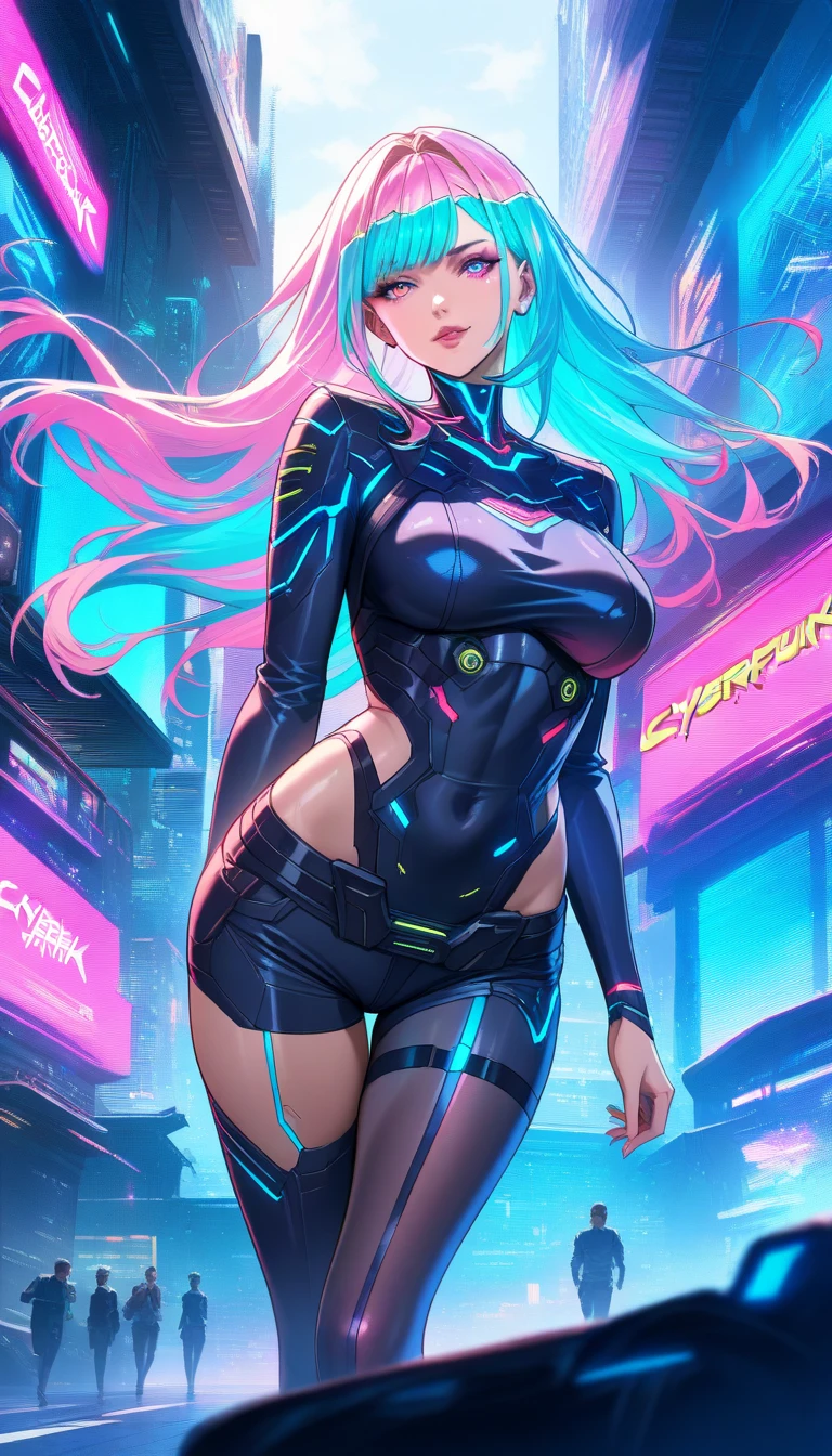 a digital painting of a woman with blue hair, cyberpunk art by Josan Gonzalez, behance contest winner, afrofuturism, synthwave, neon, glowing neon