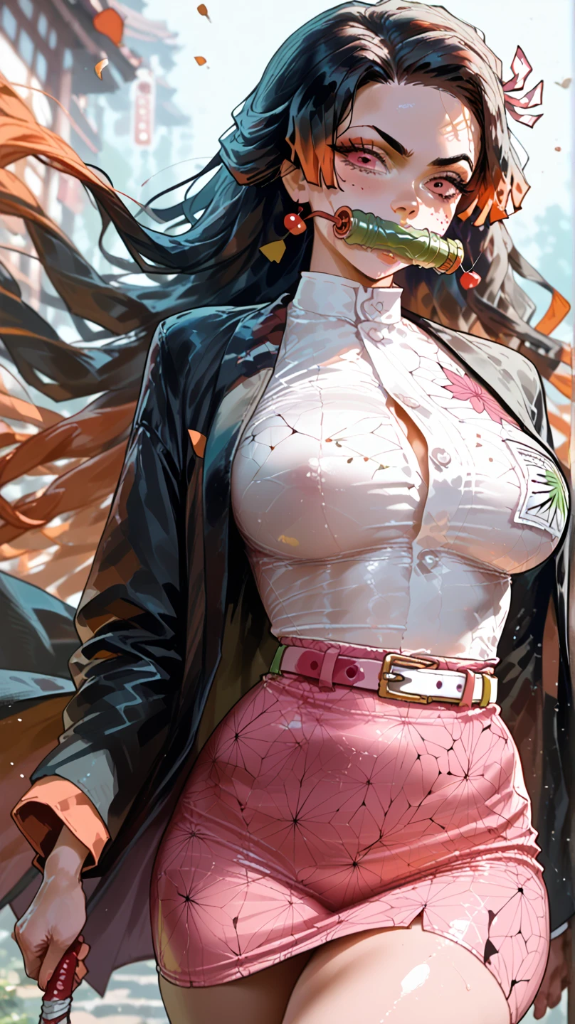 hyper breasts, detailing face, detailing body, Nezuko Kamado, Sculptural body, sexy pose (from Kimetsu no Yaiba)