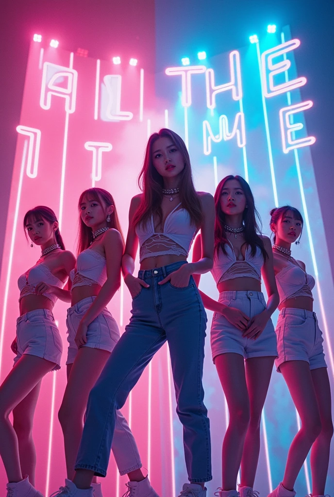 I'm taking photos for a new concept album. Create a girl group concept photo with a giant watch