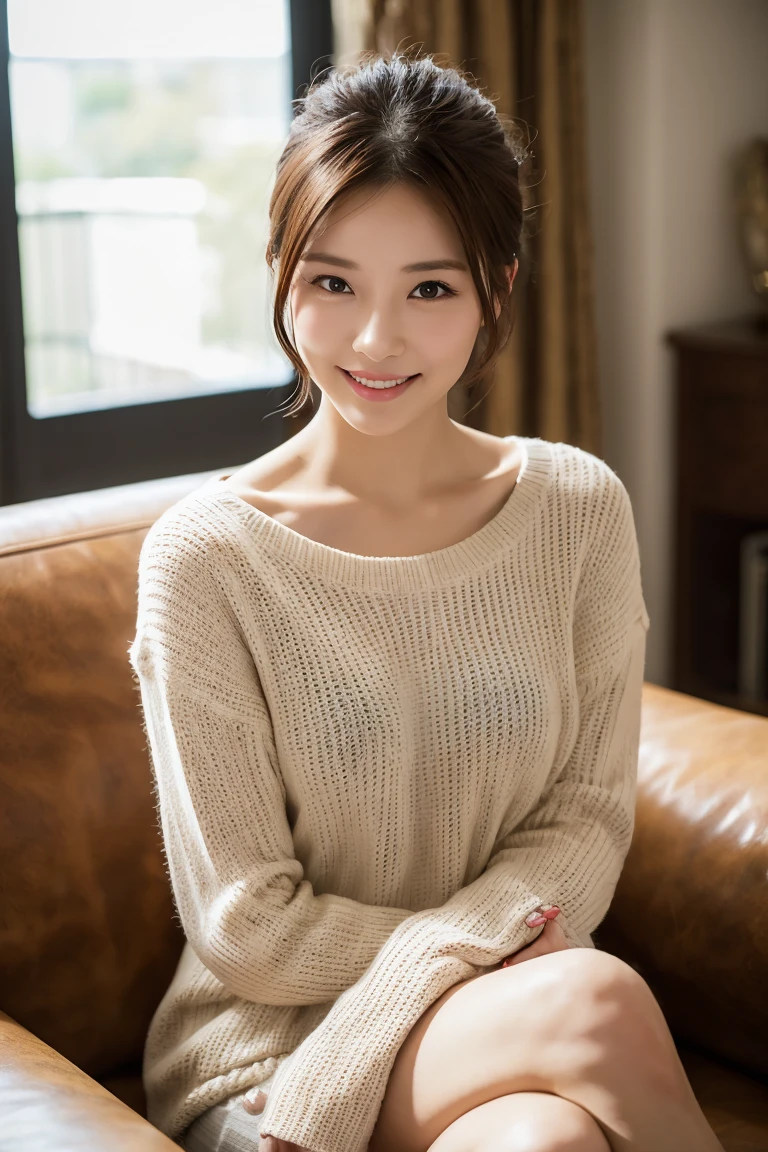 ((masterpiece))、((Highest quality))、picture、Reality、high resolution、Ultra-detailed、Married women、40s、Delicate facial features、Hair that grows to the shoulders、Realistic background and accessories、Big ample breasts、Sexy smile、Hotel Bedroom、Loose open sweater、See through、Sit on the bed、Table light only、((Dark Room))、((Indirect lighting only))、shadow、