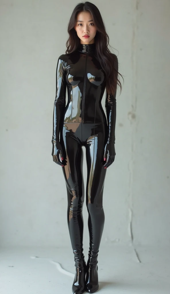 take 1st picture and make this woman wearing a latex body suit with a high heels