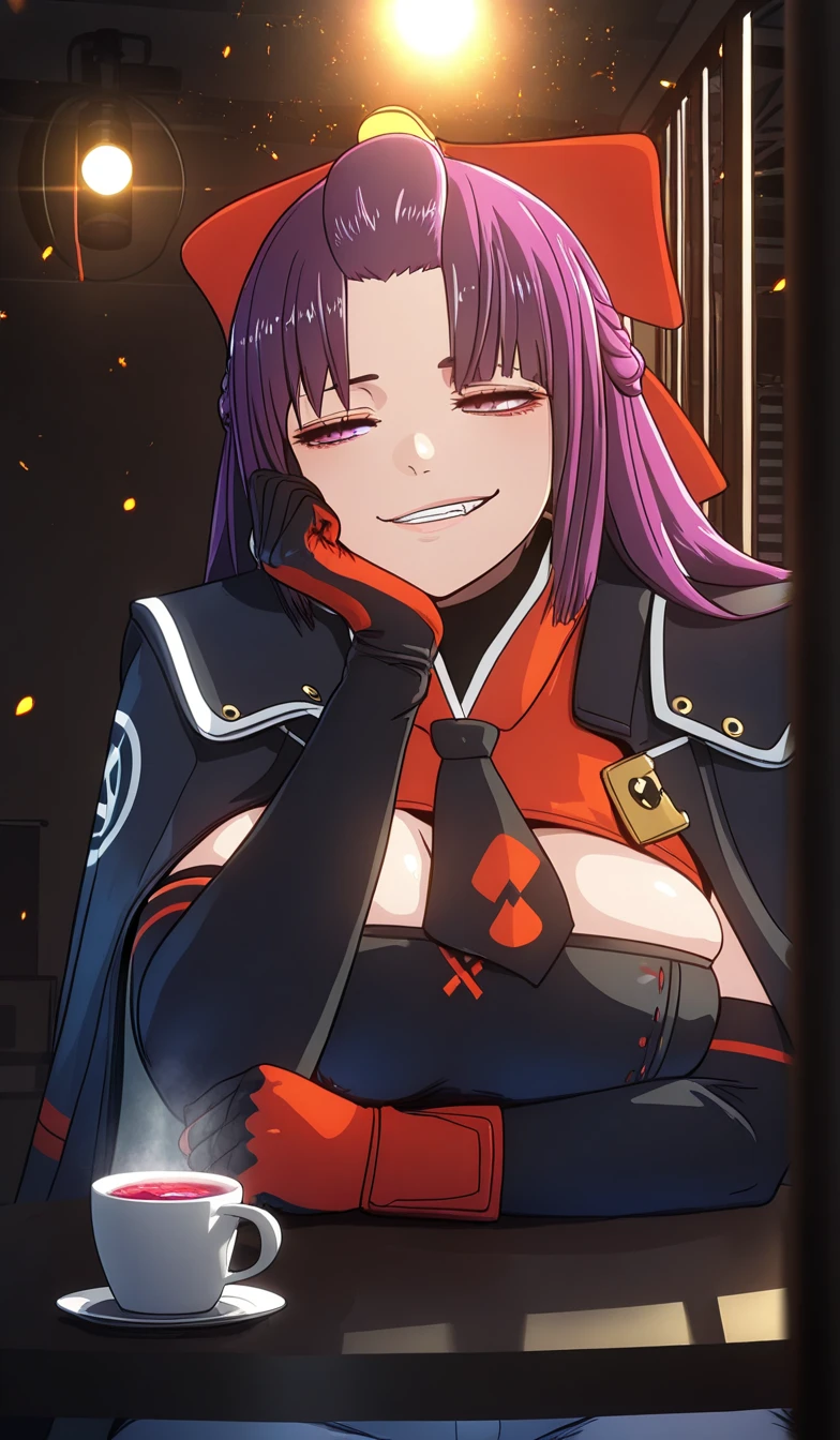ggstduel, (minami_koyogi-style:1.4), (jam-orbital-style:0.8), ((anatomical correct)), ((embers)), ((Cinematic, unreal engine, eye-catching, ambient occlusion, UHD, masterpiece)), ((perfect lighting, dim lighting)), perfect body, perfect eyes, perfect fingers, gasping, heavy breathing, gasping profusely, ((skindentation)), ((curvy)), SHIKOKU_(MATO_SEIHEI_NO_SLAVE), purple hair, purple eyes, slit pupils, long hair, hair bow, red bow, parted bangs, ribbon trim, half updo hair, bangs_pinned_back, straight hair, ((medium breasts)), plump, hearts, pleasured, clenched teeth, elbow gloves, head rest, table, cup, head rest, gloves, necktie, bokeh, sitting, bars, half-closed eyes, shaded face, smirk, black gloves, elbow gloves